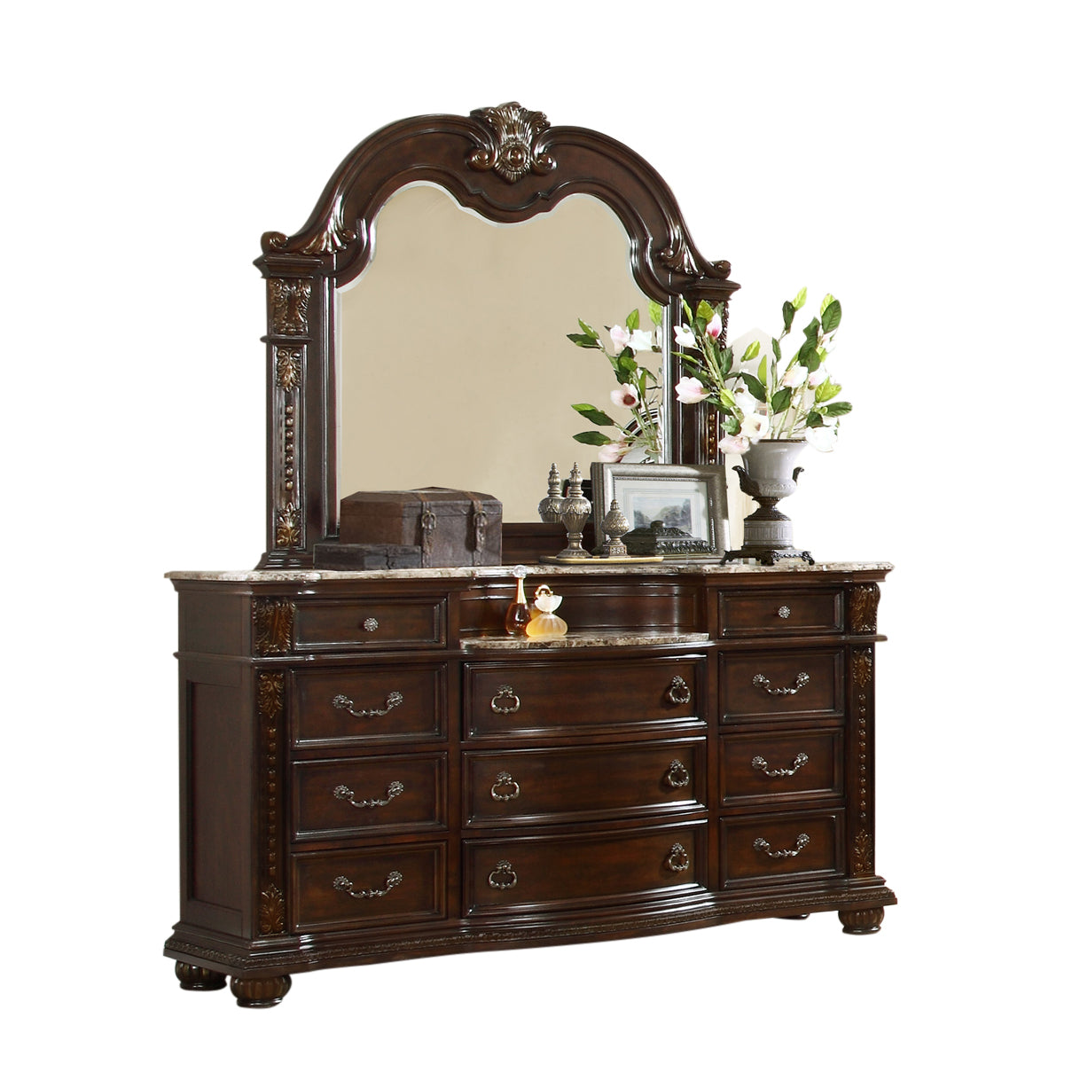 Traditional Style 11-Drawer Dresser With Metal Handle Pulls Made with Wood in Dark Walnut