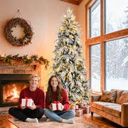 8ft Slim Flocked Christmas Tree Pre-lit w/ 950 Premium PE&PVC Tips, 350Warm White LED Lights, Skinny Noble Artificial Christmas Tree Easy Assembly for Home, Corner, Narrow Place