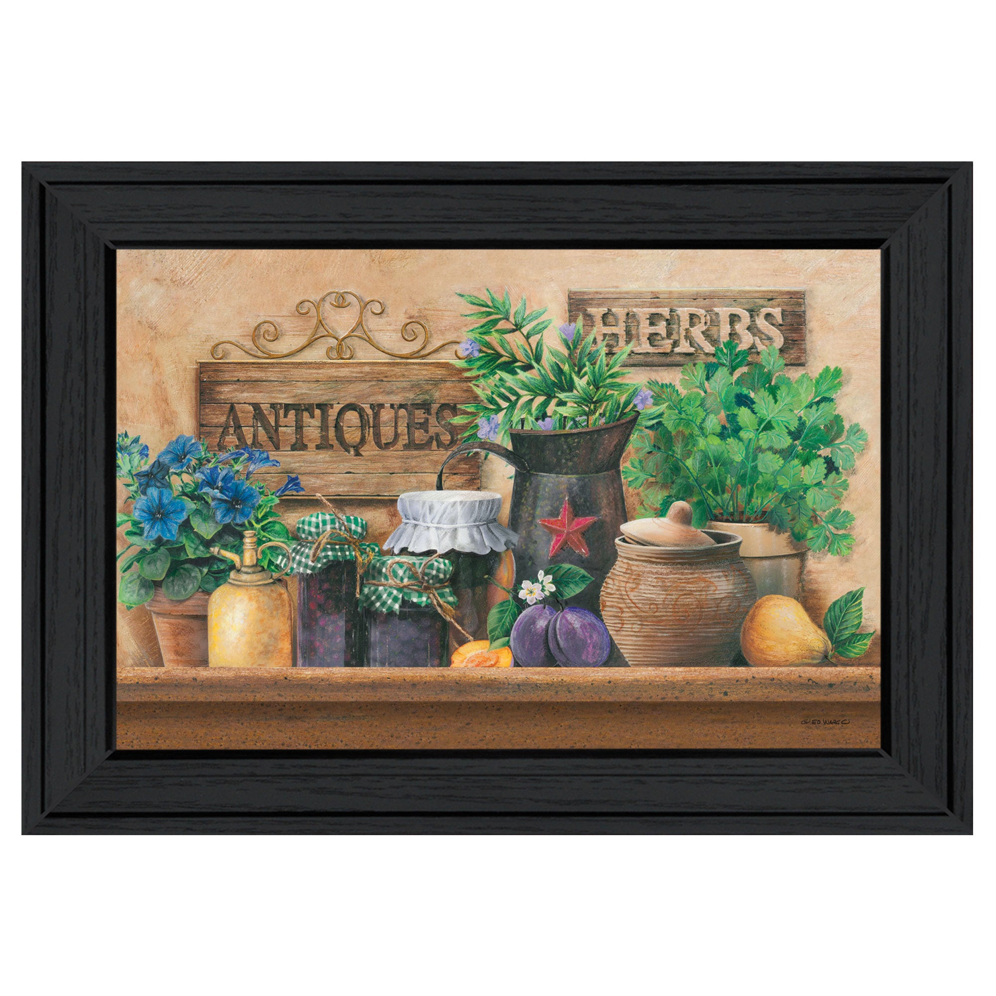 'Antiques and Herbs' By Ed Wargo, Printed Wall Art, Ready To Hang Framed Poster, Black Frame