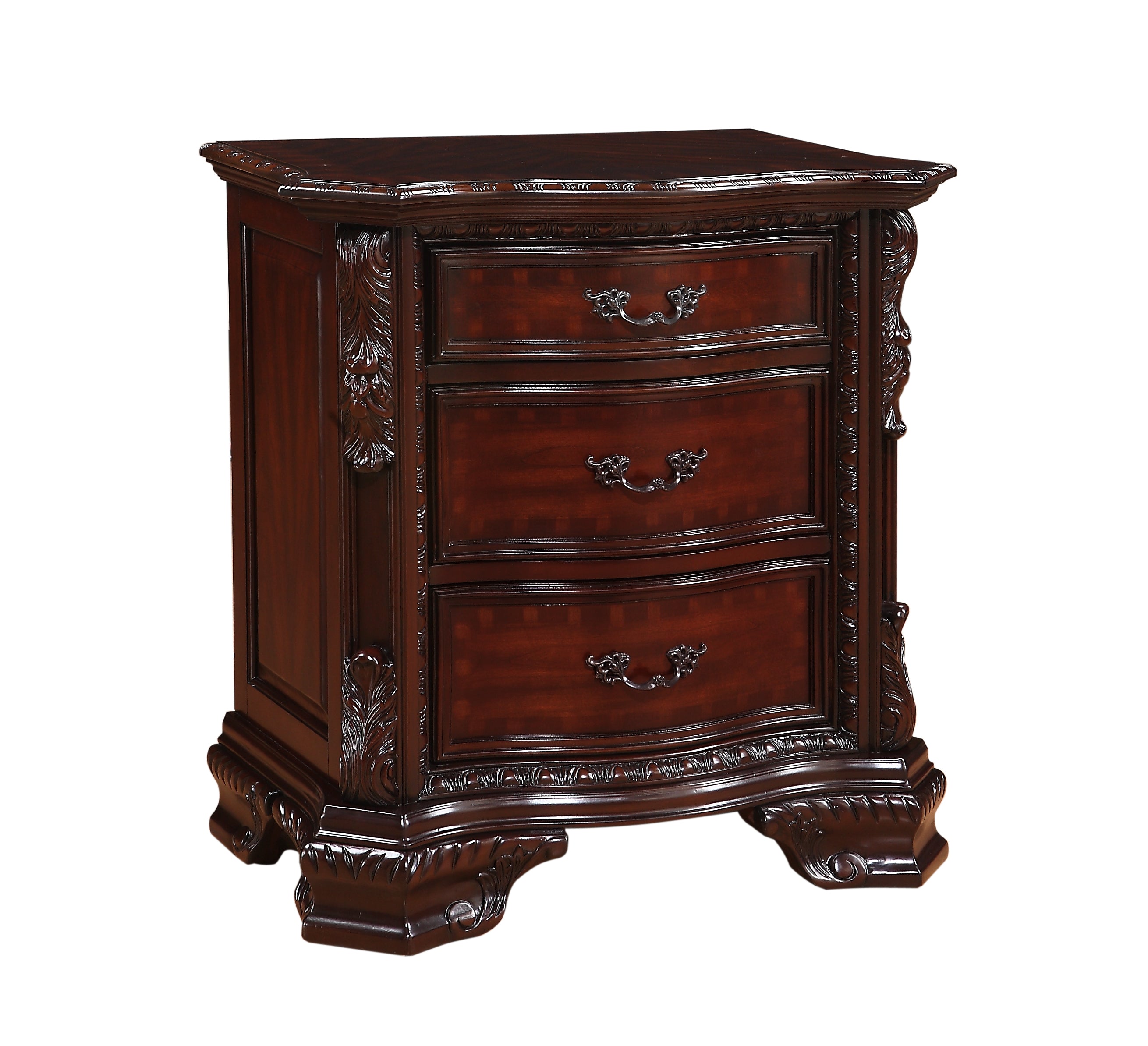 1pc Three Drawers Nightstand Intricate Moldings Beautifully Curved Silhouette Dark Cherry Finish Bedroom Solid Wood Furniture