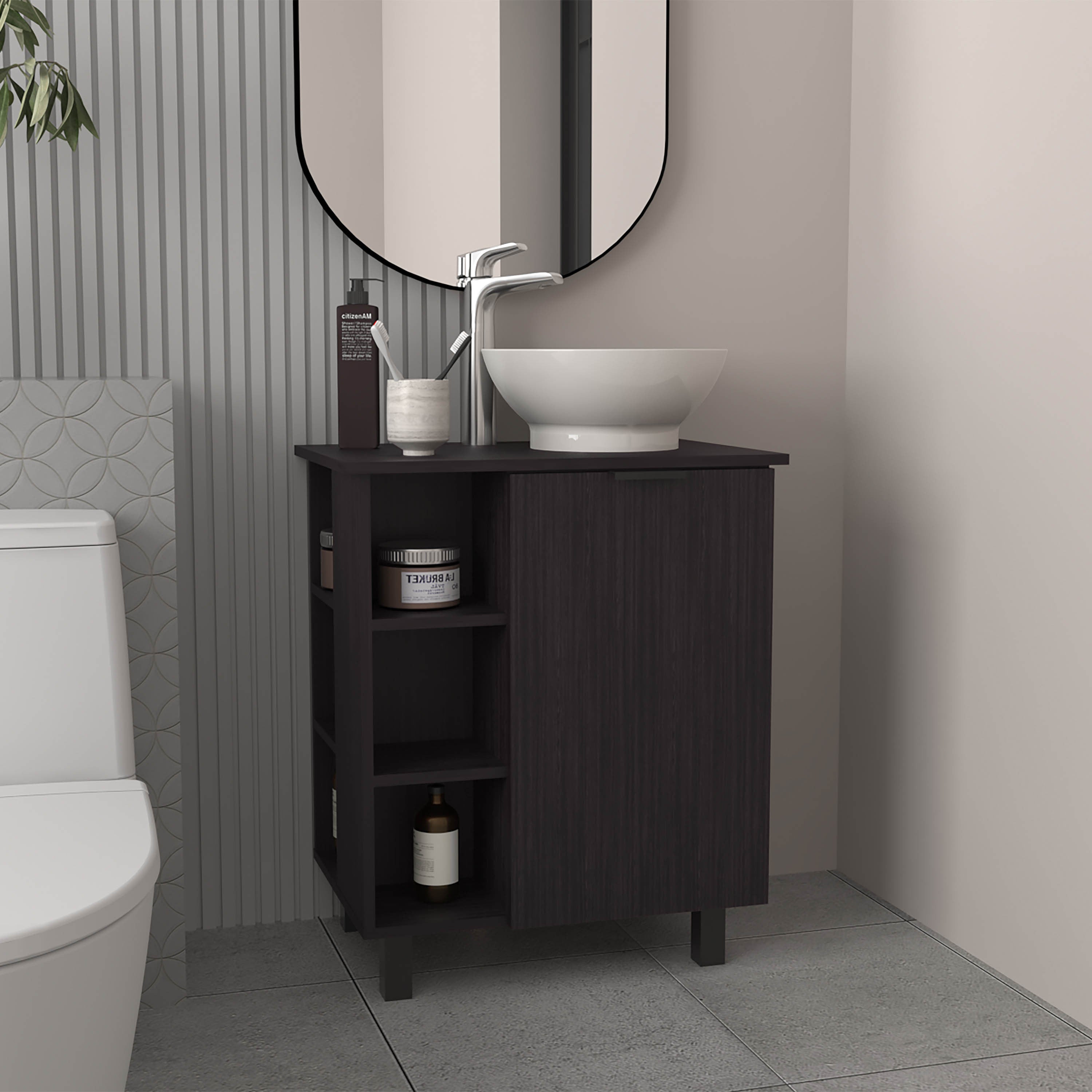 Allegra Vessel Sink Vanity With One Door Storage And Open Shelves, Freestanding Bathroom Cabinet, Black