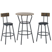 Rustic Brown Round Bar Table and Stool Set with Shelf, Upholstered Stool with Backrest, Metal & Wood, 24.17'W x 24.17'D x 36.02'H