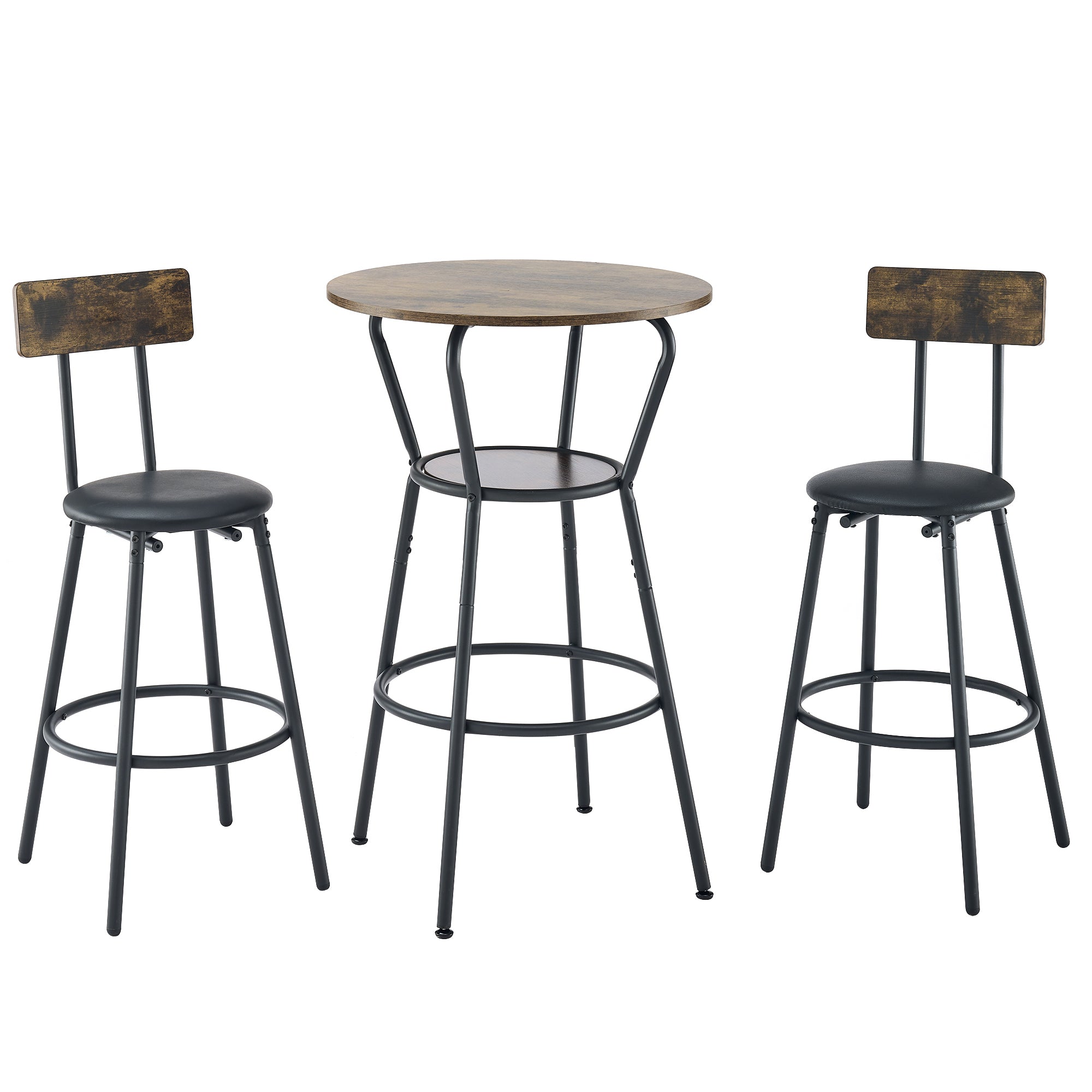 Rustic Brown Round Bar Table and Stool Set with Shelf, Upholstered Stool with Backrest, Metal & Wood, 24.17'W x 24.17'D x 36.02'H