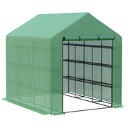 Walk-in Greenhouse for Outdoors with Roll-up Zipper Door, 18 Shelves, PE Cover, Small & Portable Build, Heavy Duty Humidity Seal, 95.25' x 70.75' x 82.75', Green
