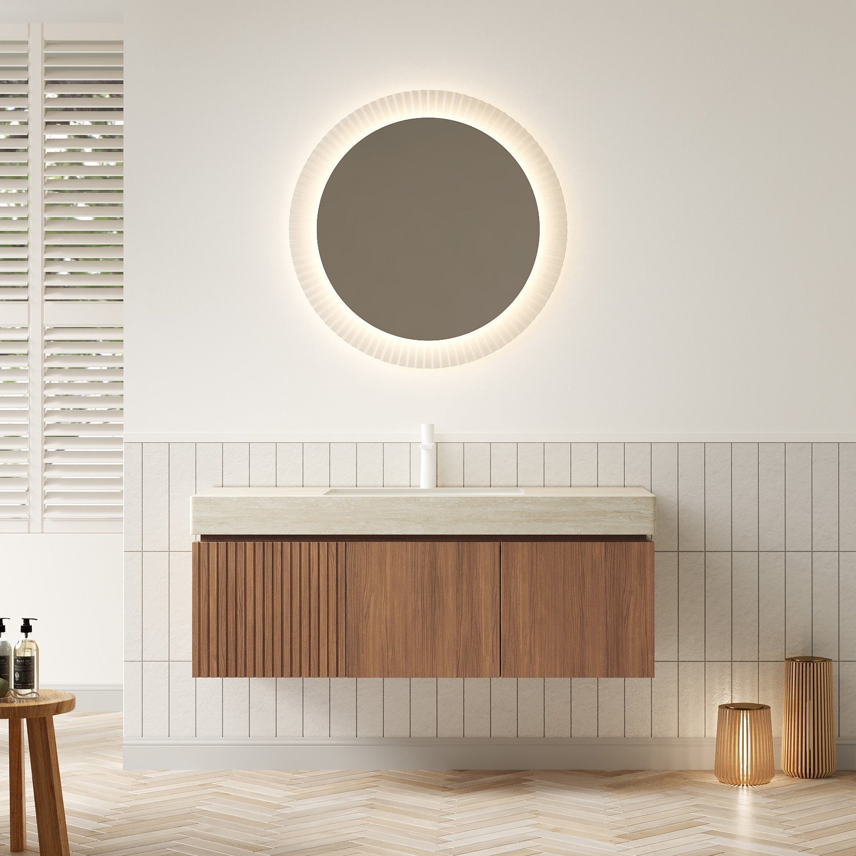 MURI 48' Bathroom Vanity with Sink, Wall-Mounted Plywood Bathroom Storage Cabinet with Drawer and 2 Doors, Roma Travertine-Pattern Countertop with Basin, Pre-assembled, Brown Oak Woodgrain Color