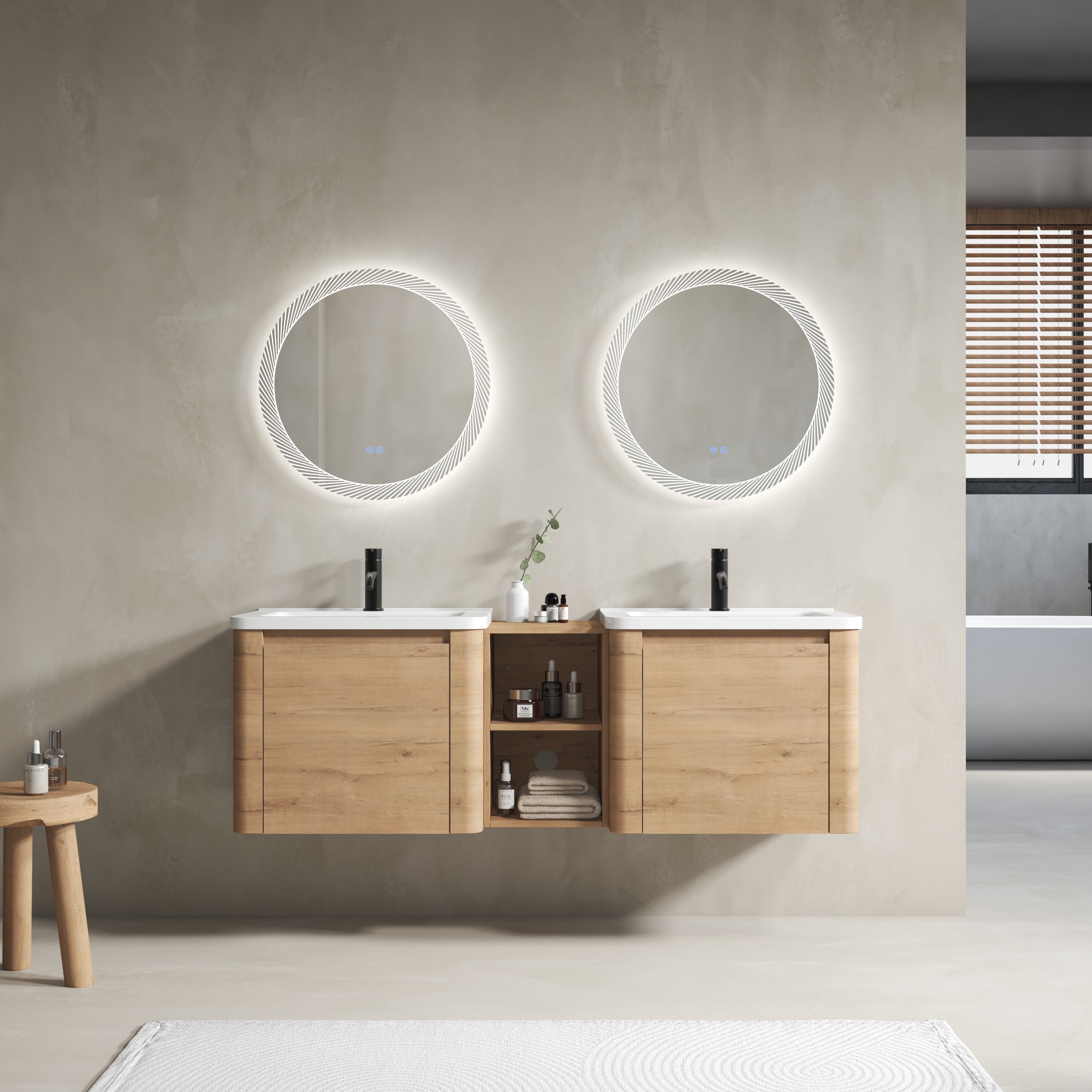 60'' Wall-Mounted Bathroom Vanity with White Ceramic Sink and Storage Shelves & 1-Soft-Close Door, KD-Packing, Plywood