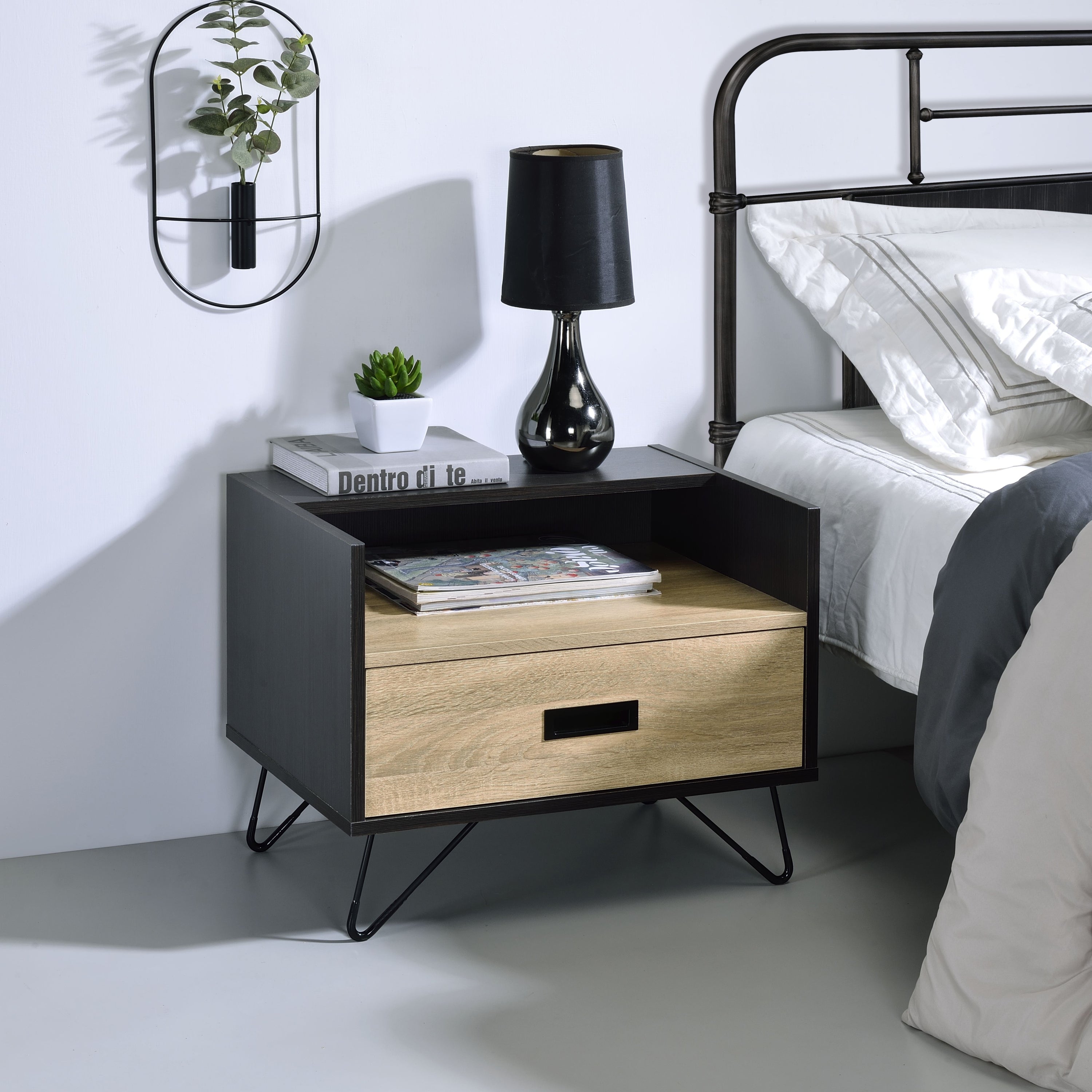 Oak and Black Nightstand with 1 Drawer