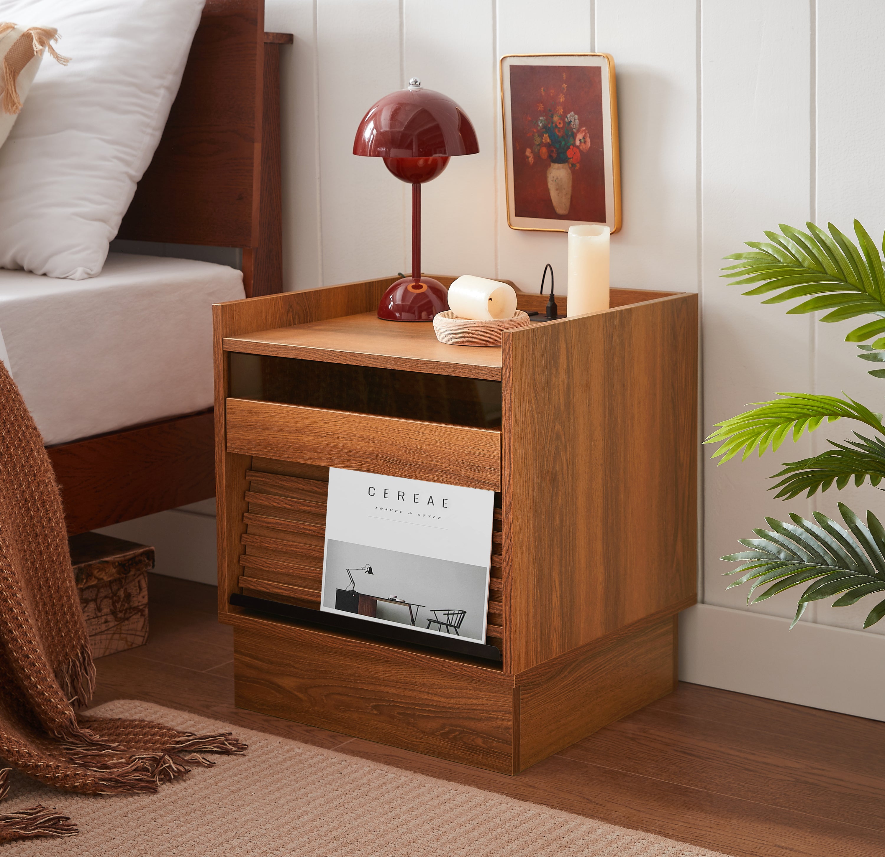Mid Century Modern Nightstand with Charging Station and LED lights, Night Stand with 2 Drawers, Bedside Tables/End Table for Bedroom or Living Room, Yellow