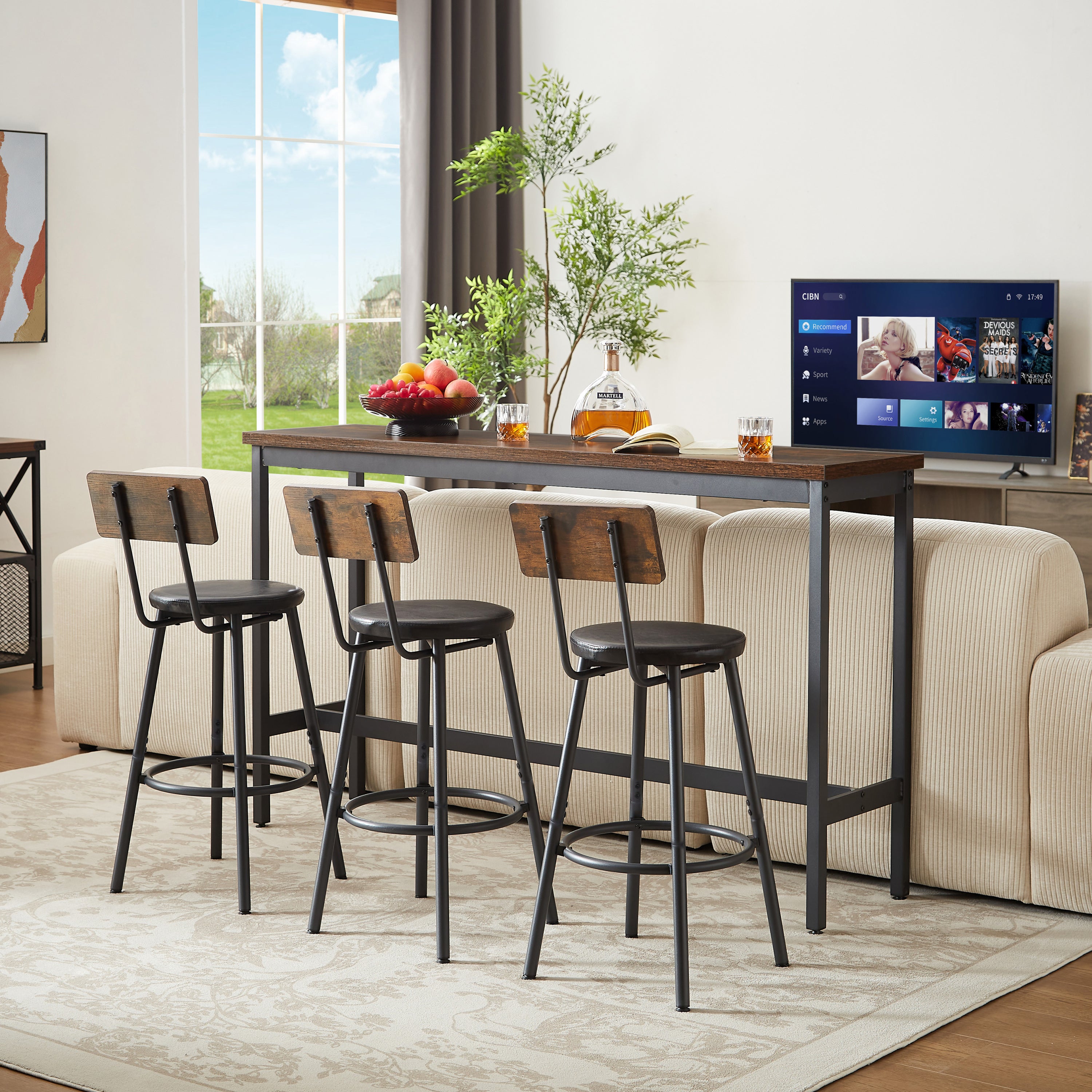Long Bar Table Set with 3 PU Upholstered Bar Stools, Industrial Bar Table and Chairs for Kitchen Breakfast Table, Living Room, Banquet Hall, Rustic Brown and Black, 63″L x15.7'W x 37.5'H