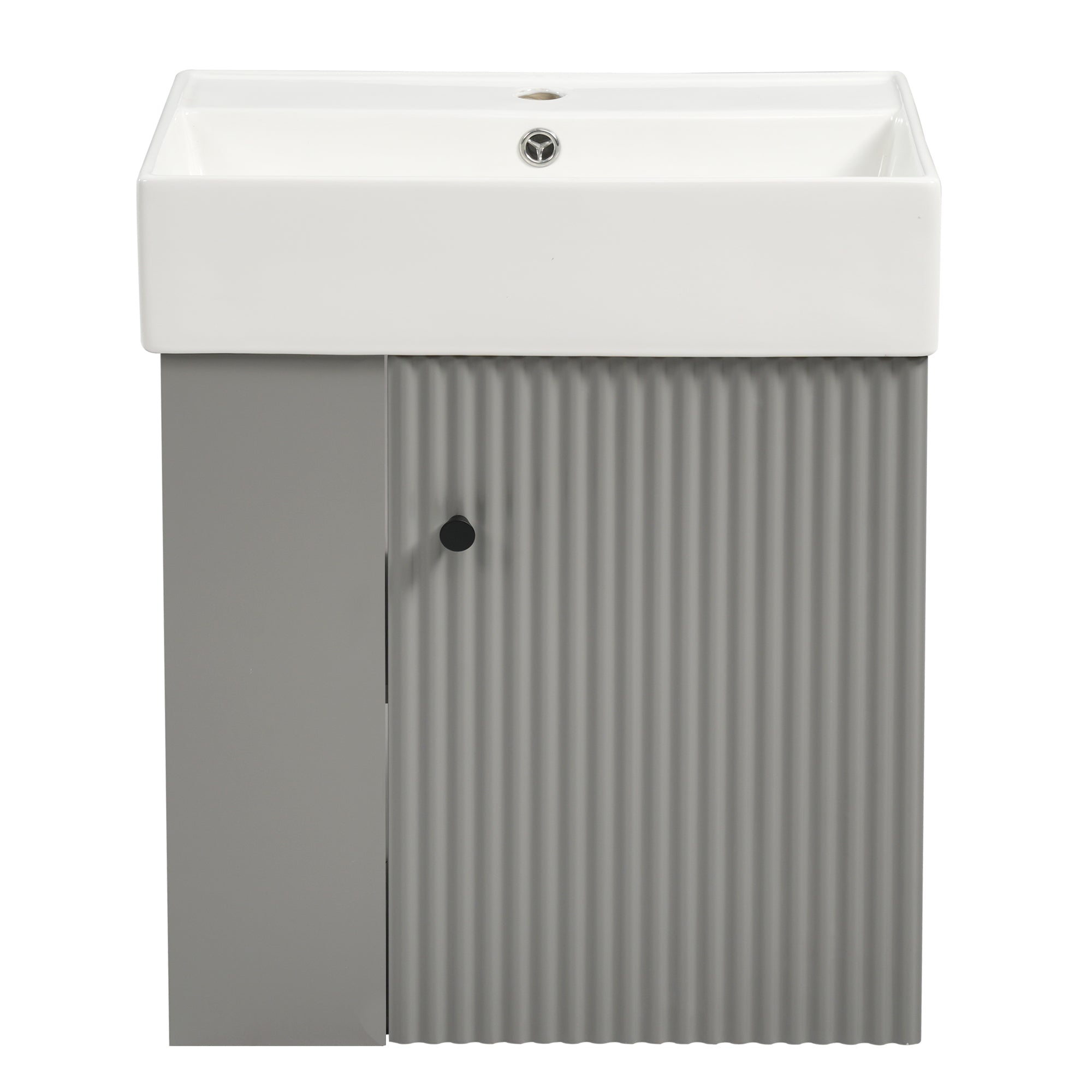 Modern Floating Bathroom Vanity with Ceramic Basin, Left Side Storage, Gray MDF, 21.6 Inch