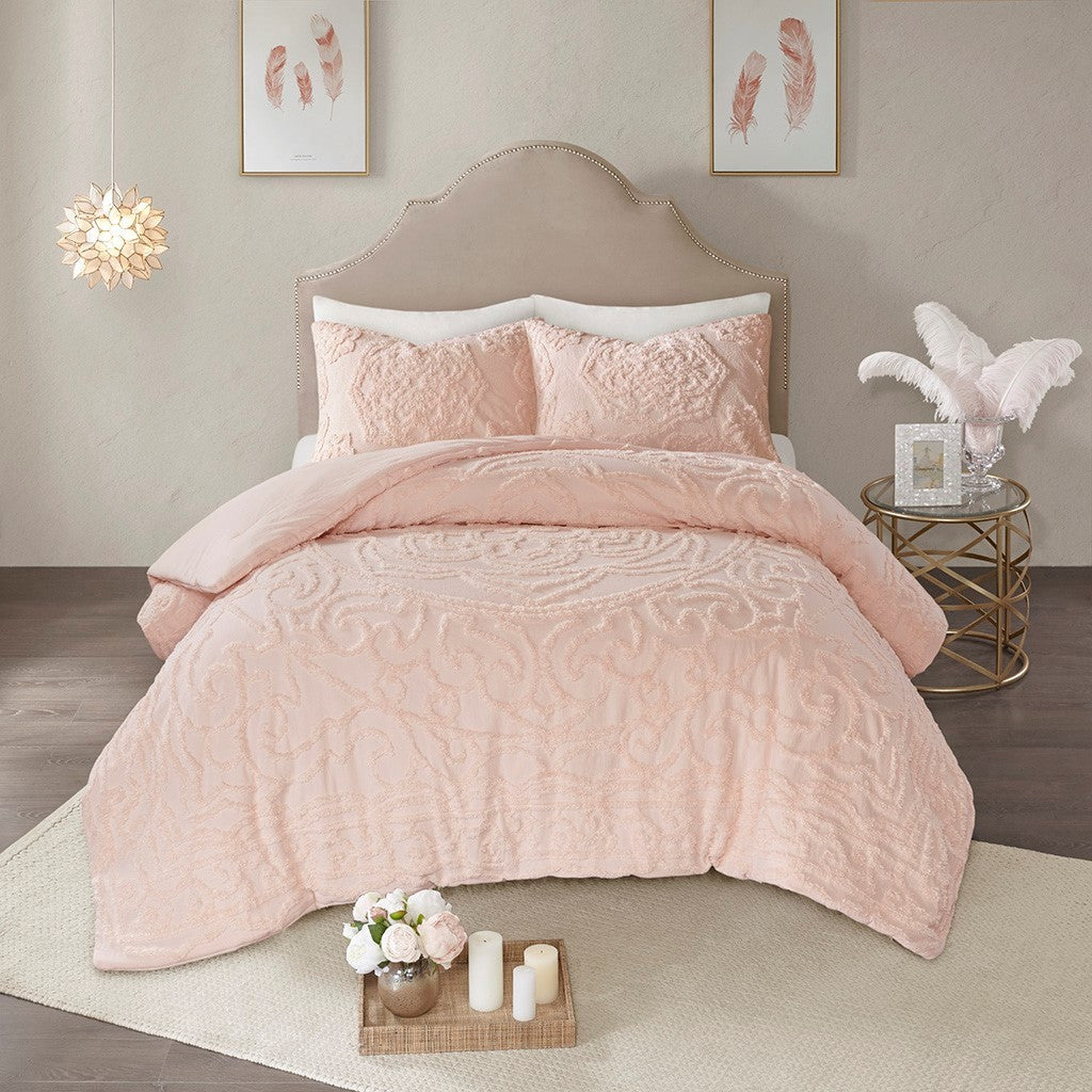 3-Piece Tufted Cotton Chenille Medallion Comforter Set Blush King/Cal King