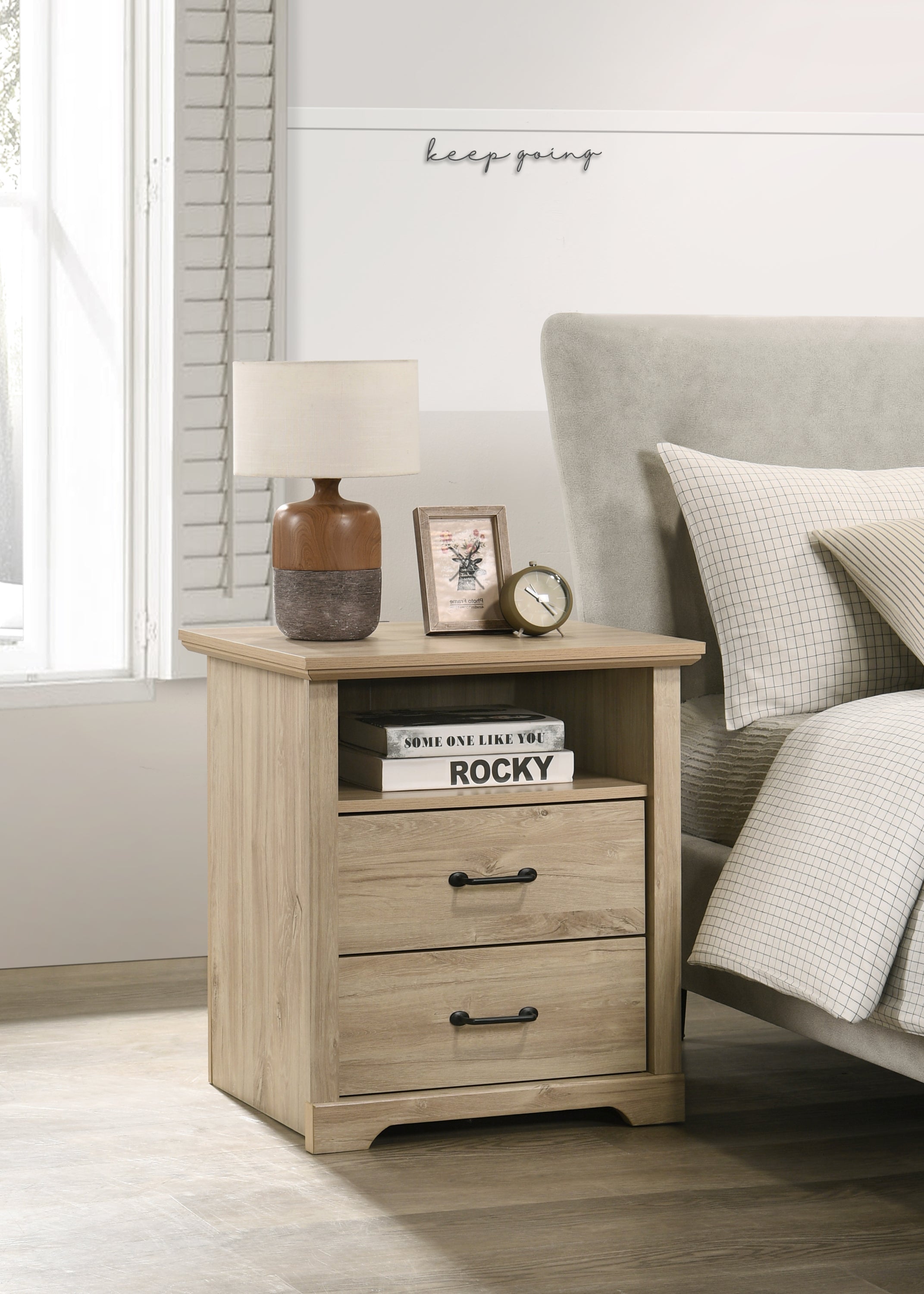 Elara 22'W Light Oak Finish 2-Drawer Nightstand Bedside Table with USB Charging  Ports