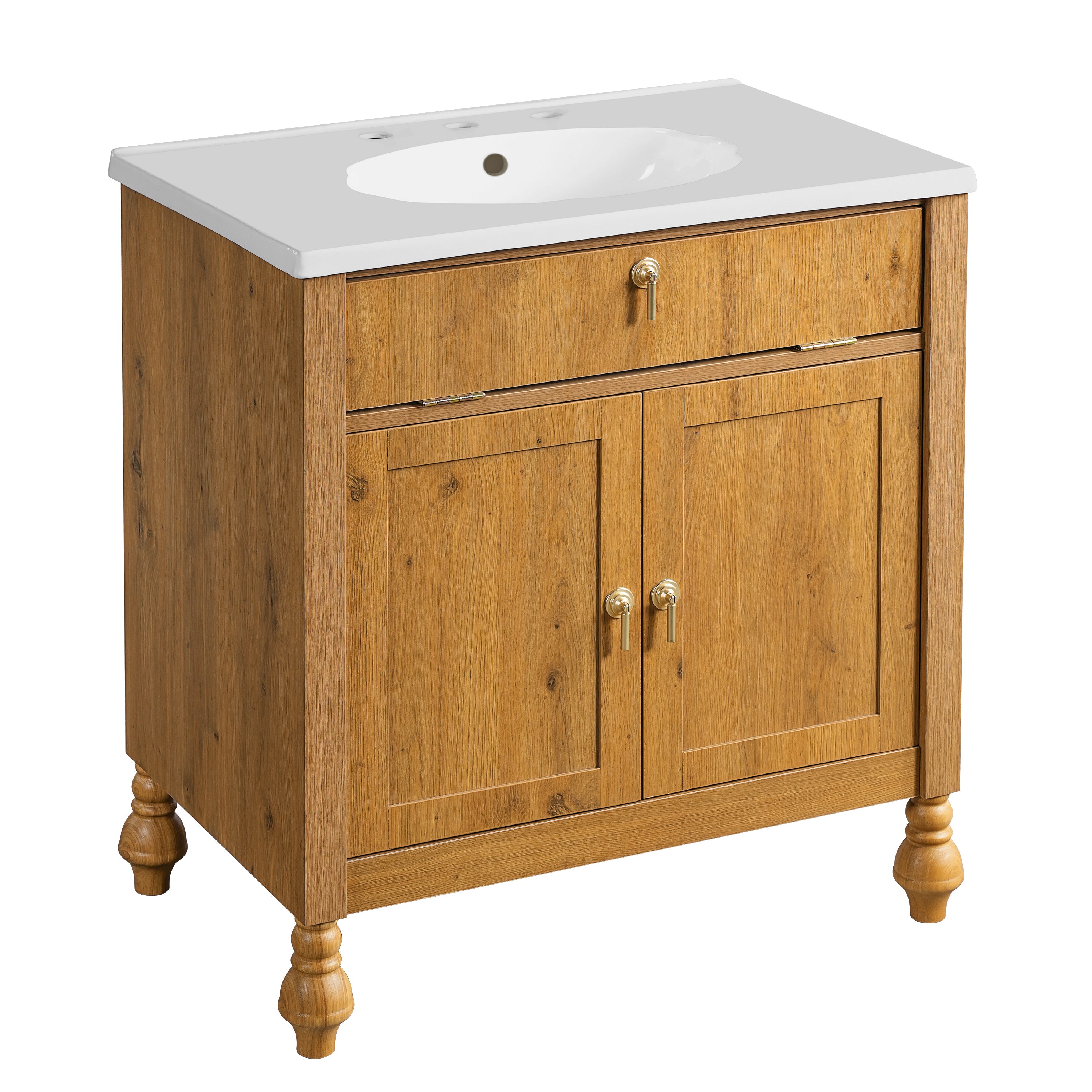 30-Inch Walnut Bathroom Vanity with Seashell Resin Sink, Flip-Up Storage, Soft-Close Doors in Brown Wood Finish