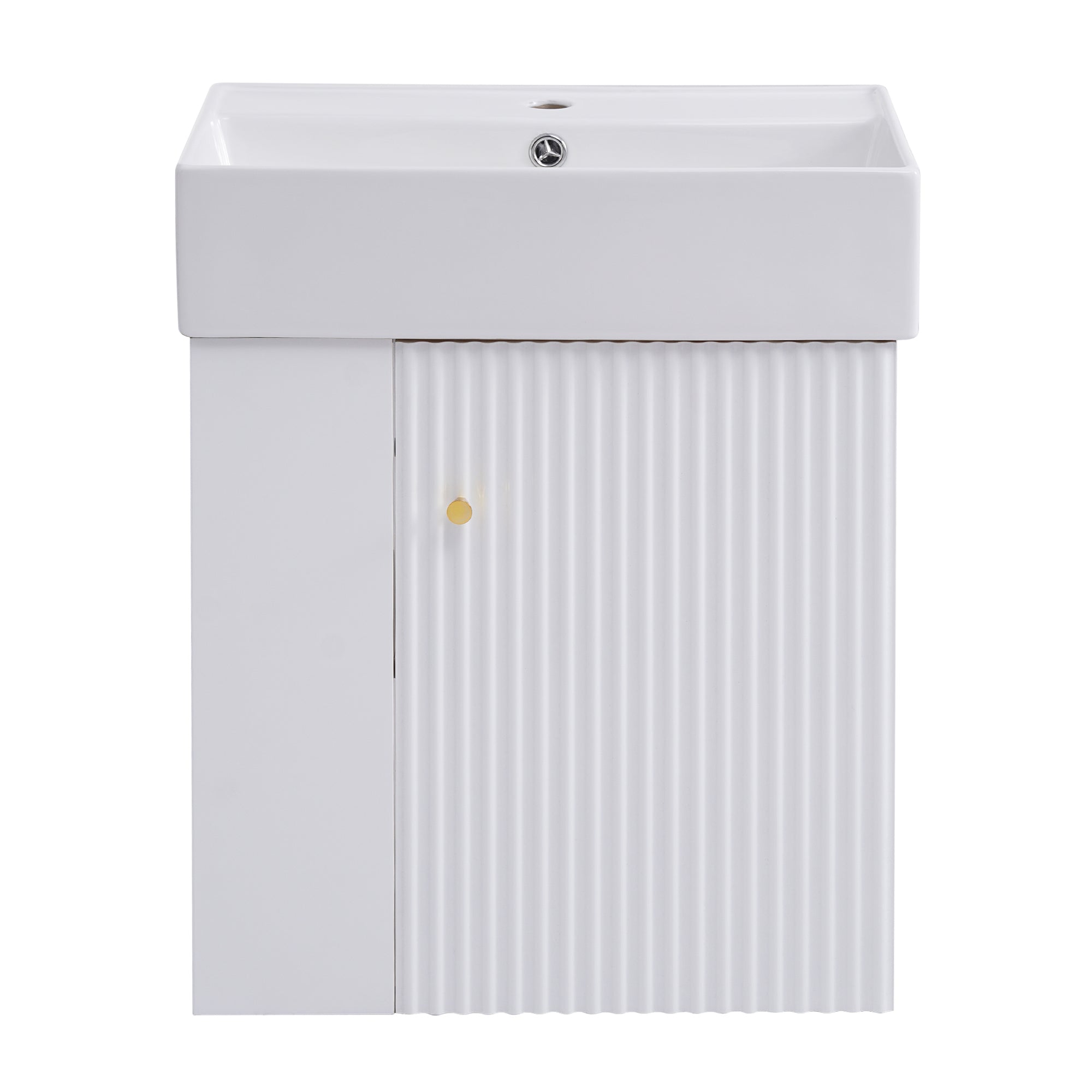 Modern Floating Bathroom Vanity with Ceramic Basin, Left Side Storage, White, 21.6 inches