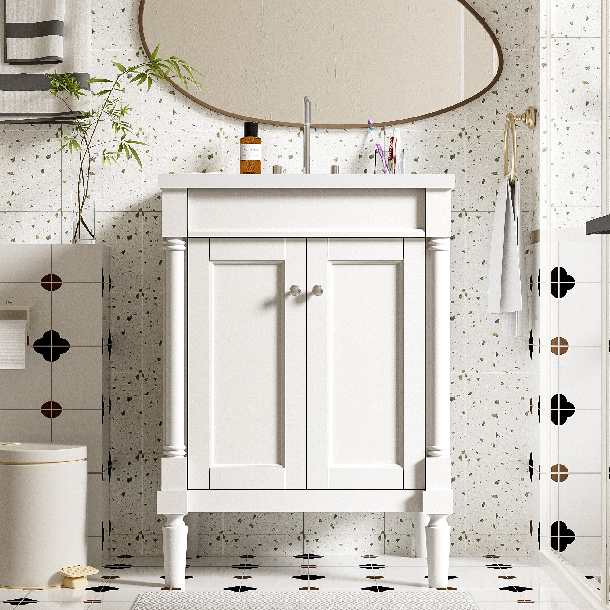 24'' Bathroom Vanity with Top Sink, 2-Tier Modern Bathroom Storage Cabinet, Single Sink Bathroom Vanity, Large Storage Shelves