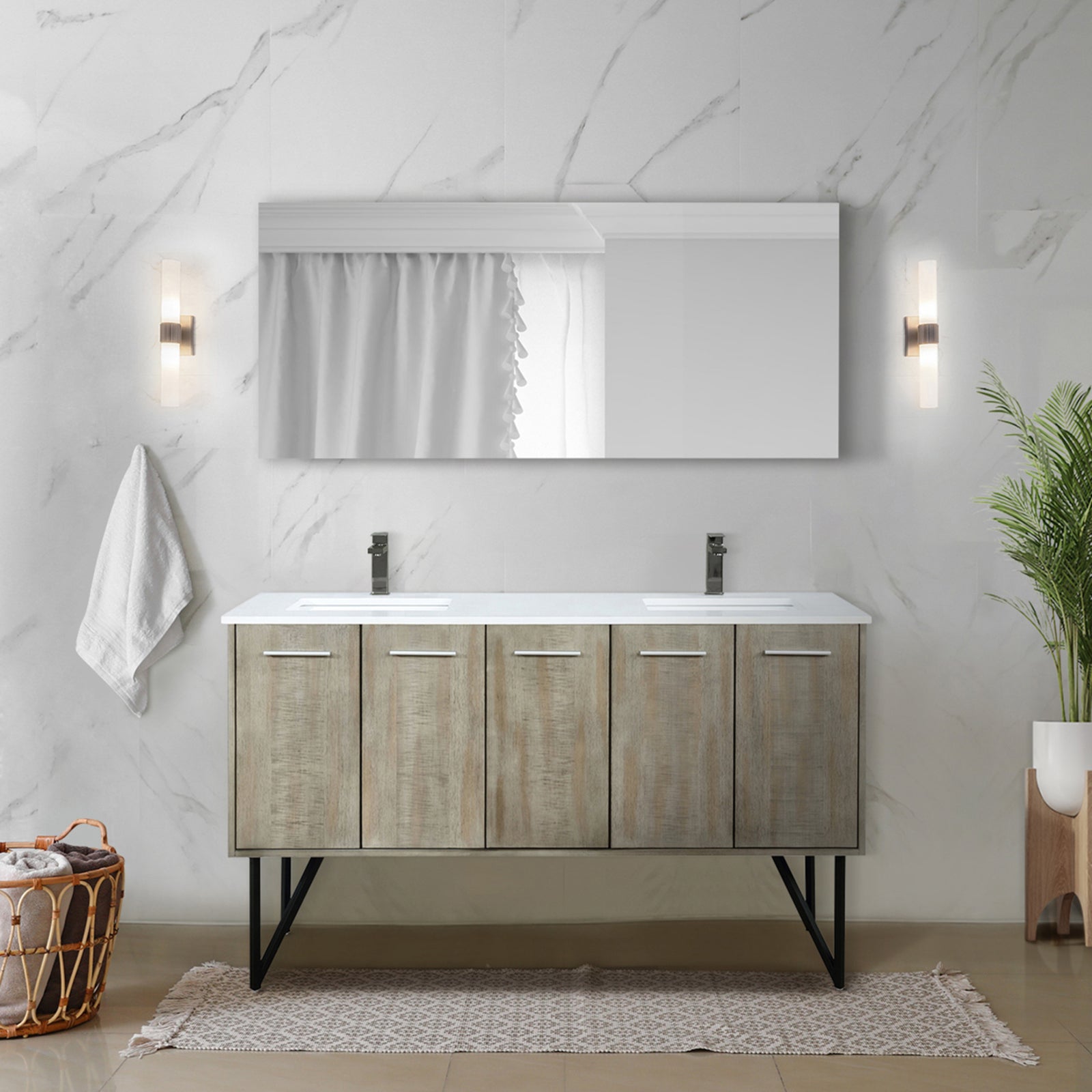 Rustic Acacia Double Bath Vanity 60 in. W x 20 in. D, Cultured Marble Top and Gun Metal Faucet Set