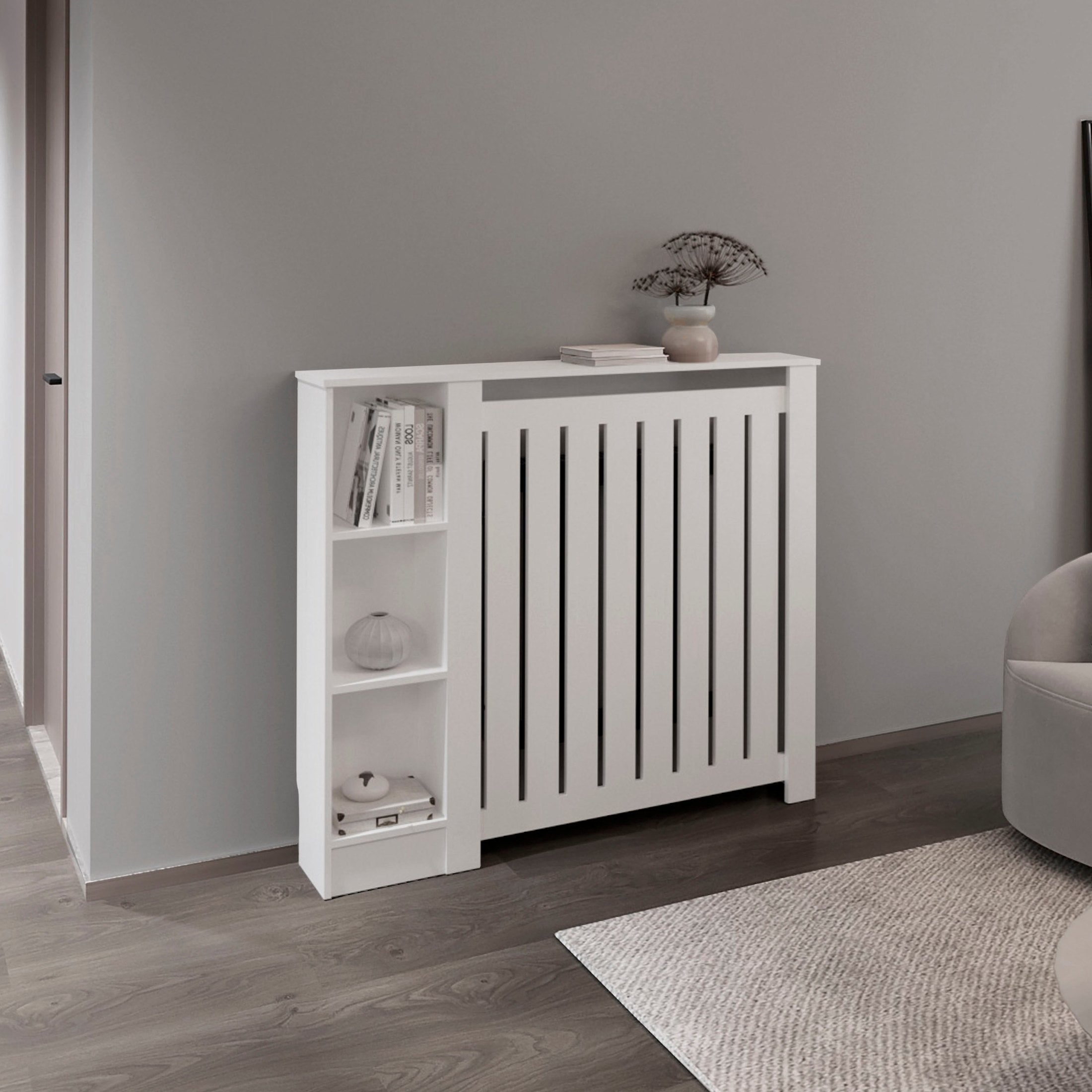 Radiator Cover Cabinet Joseph with Slatted Frame and 3 Shelves, Decorative Heater Cover, Modern Furniture Accent, White