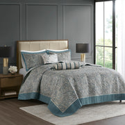 5 Piece Jacquard Bedspread Set with Throw Pillows Teal Queen