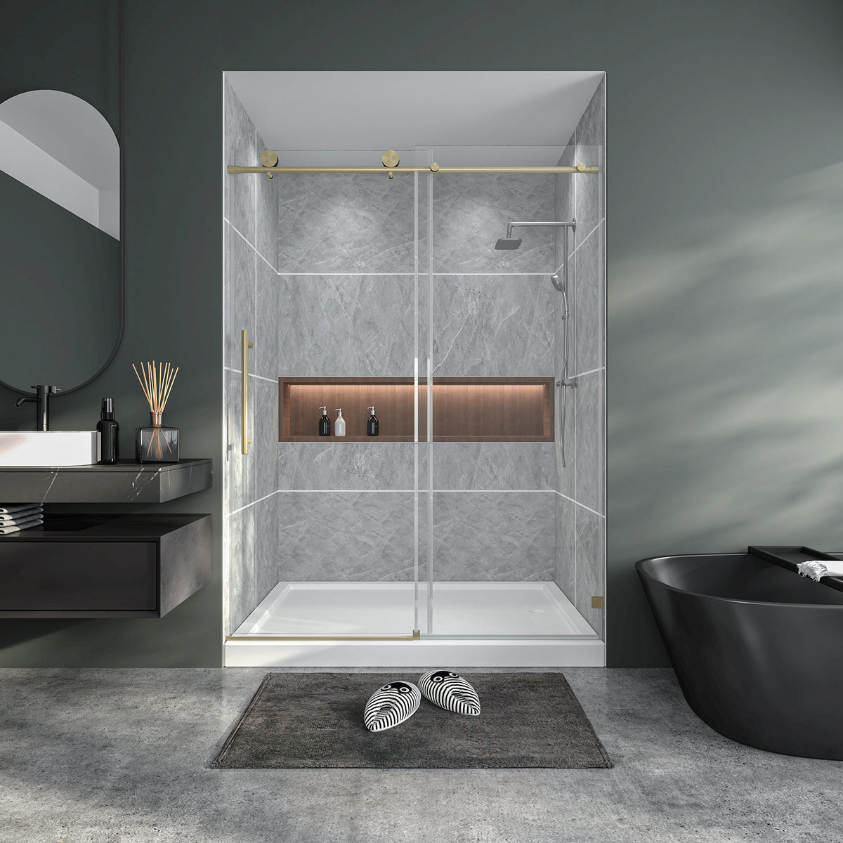56'-60' W X 76' H Frameless Sliding Shower Door, Bathroom Shower Glass Door, 1/4' (6mm) Thick SGCC Tempered Glass Door, Stainless Steel Hardware, Adjustable Bumper, Brushed Gold