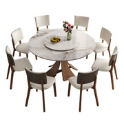 Modern 59-Inch Sintered Stone Dining Table Set with Walnut-Colored Wooden Base, 35-Inch Round Turntable, Seats 6-8, White Top with Natural Textures