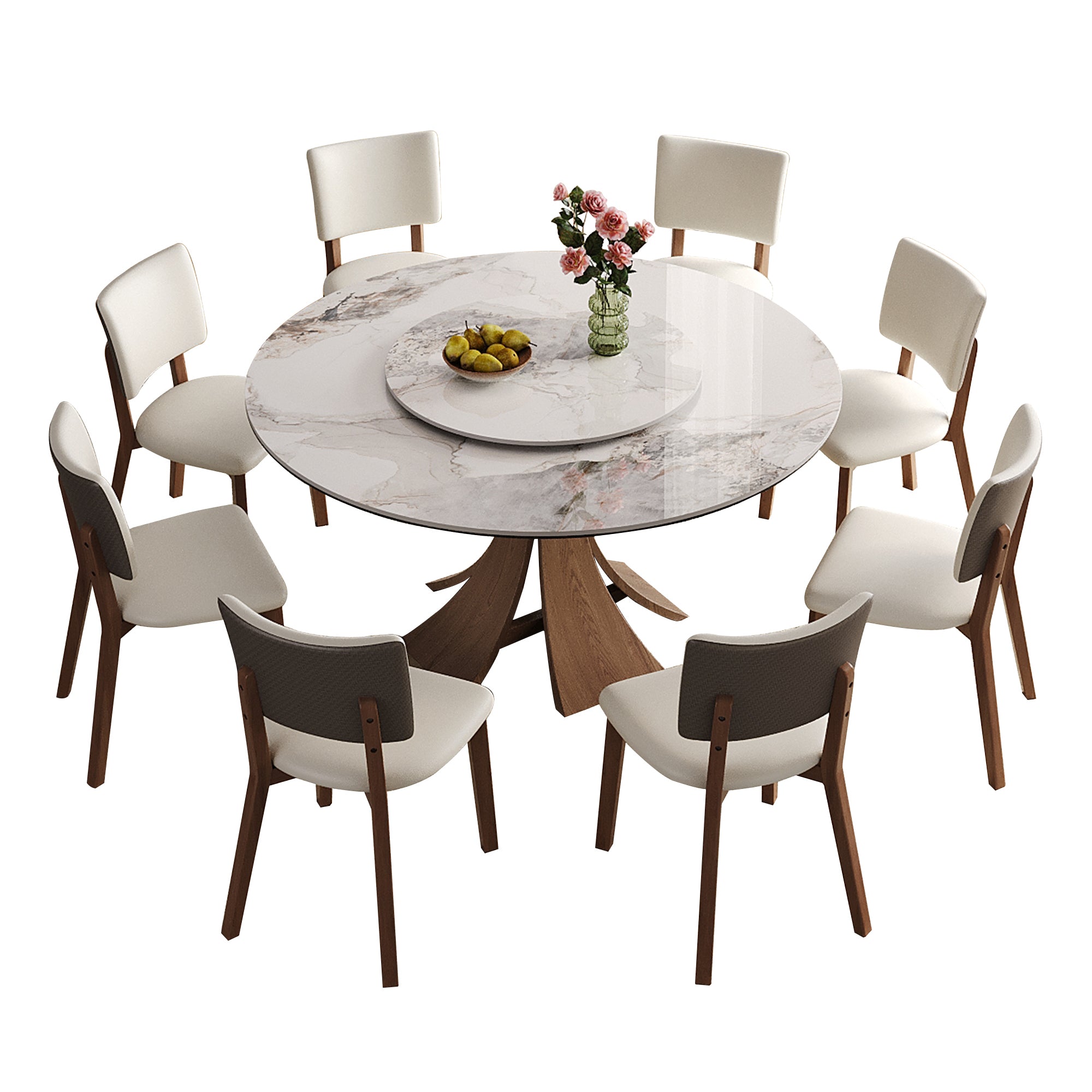 Modern 59-Inch Sintered Stone Dining Table Set with Walnut-Colored Wooden Base, 35-Inch Round Turntable, Seats 6-8, White Top with Natural Textures