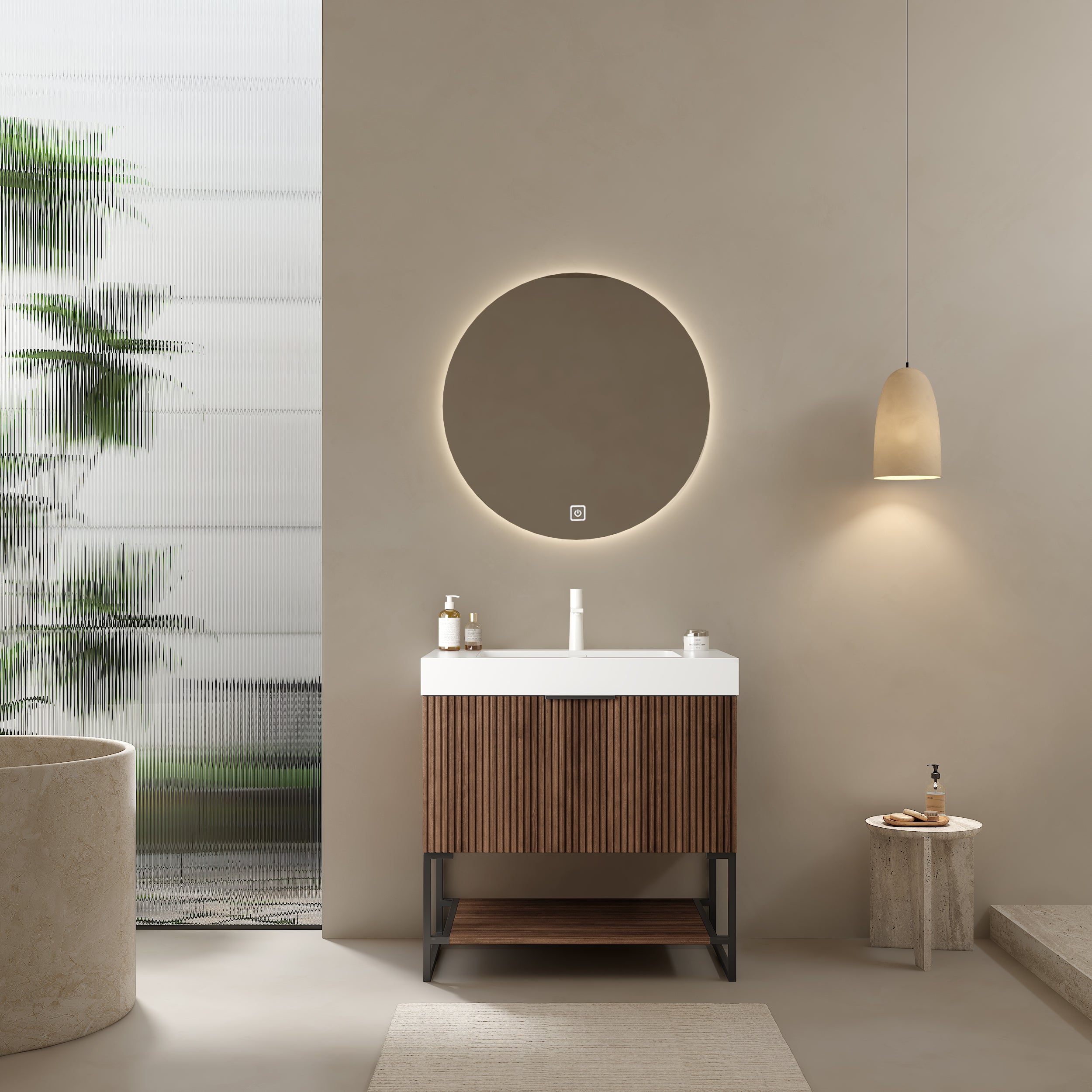 YOLAN 30' Bathroom Vanity with Sink, Freestanding Plywood Striped Storage Cabinet with Drawer and Open Shelf, Rectangular Integrated Basin without Faucet, Pre-assembled, Retro Walnut Woodgrain Color