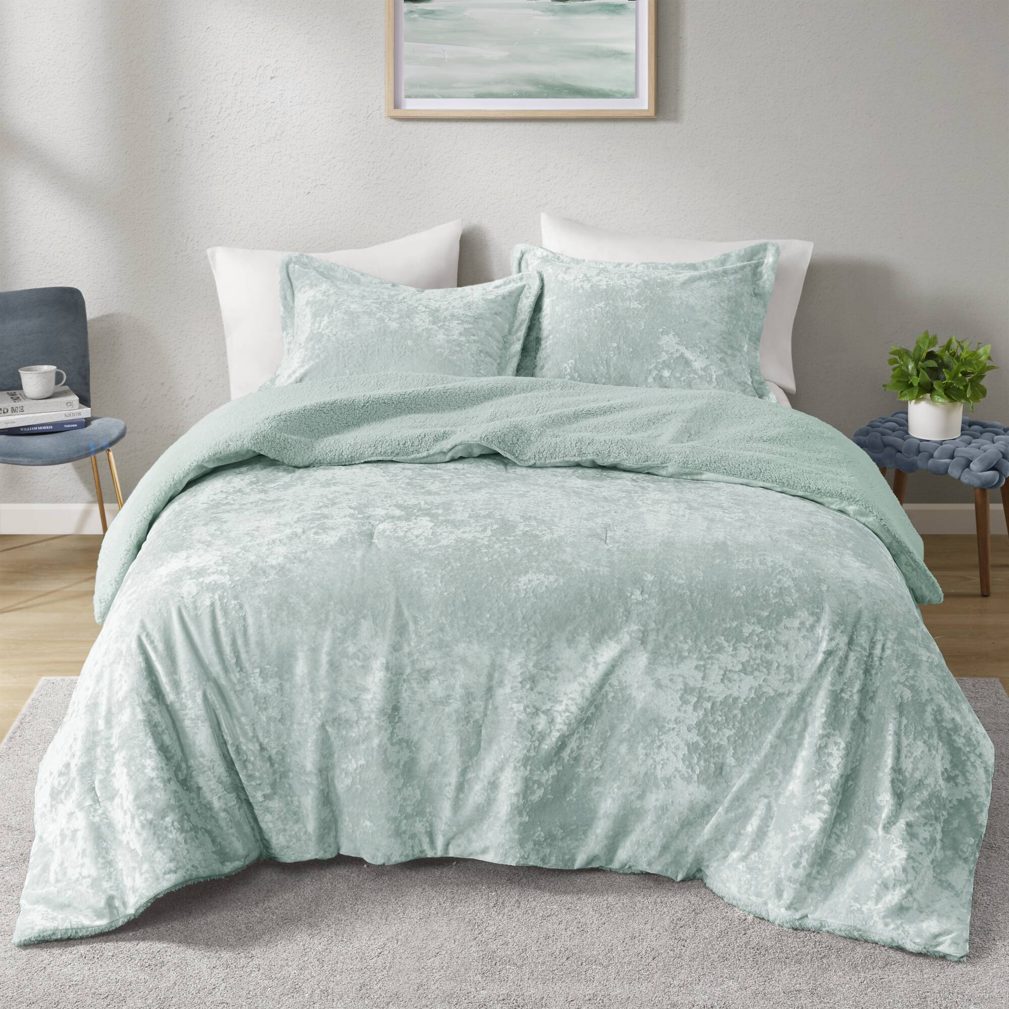 3 PCS Full/Queen Crushed Velvet Sherpa Reversible Comforter Set Aqua