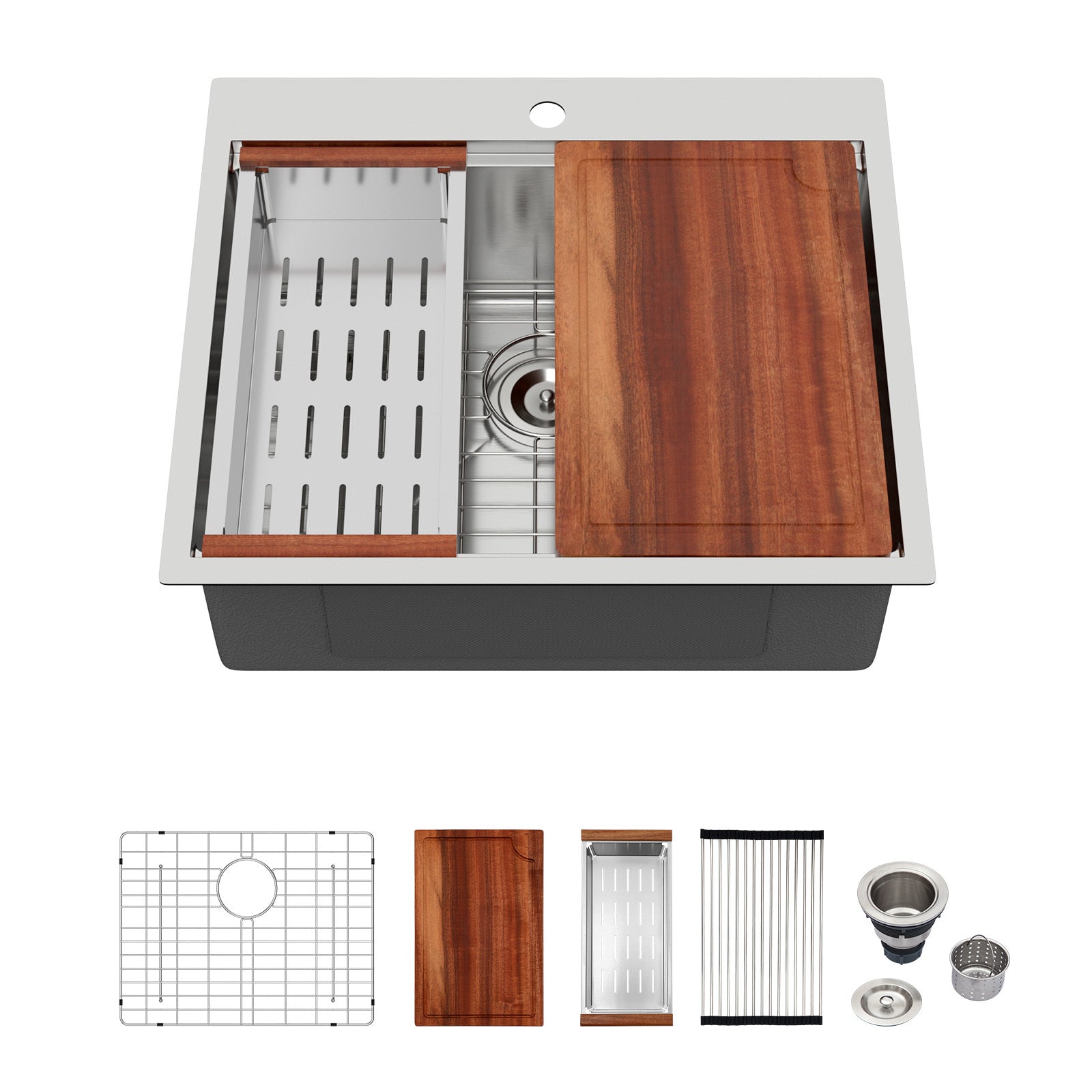 Brushed Nickel 25 Inch Drop-in Kitchen Sink Stainless Steel 16 Gauge Workstation Single Bowl