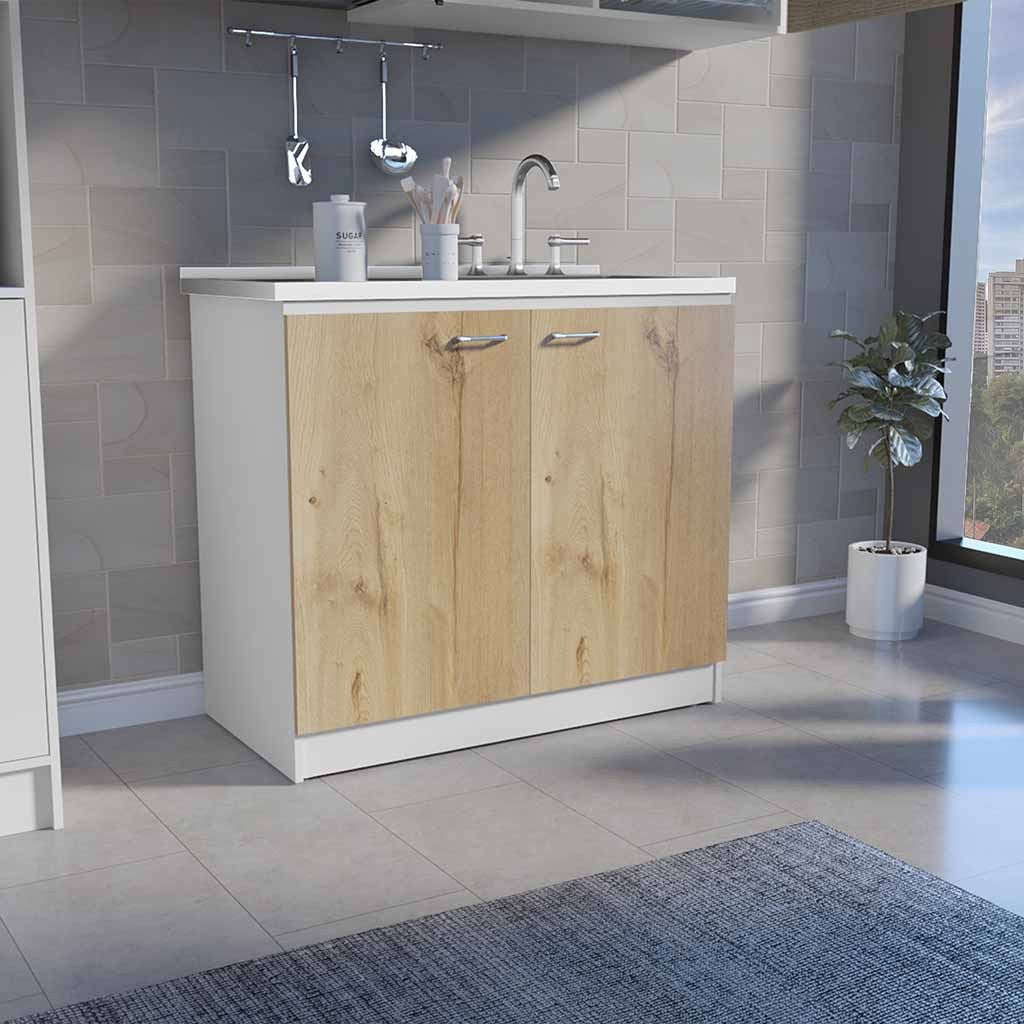 Freestanding Sink, Double Door Cabinet, Two Shelves, White / Light Oak