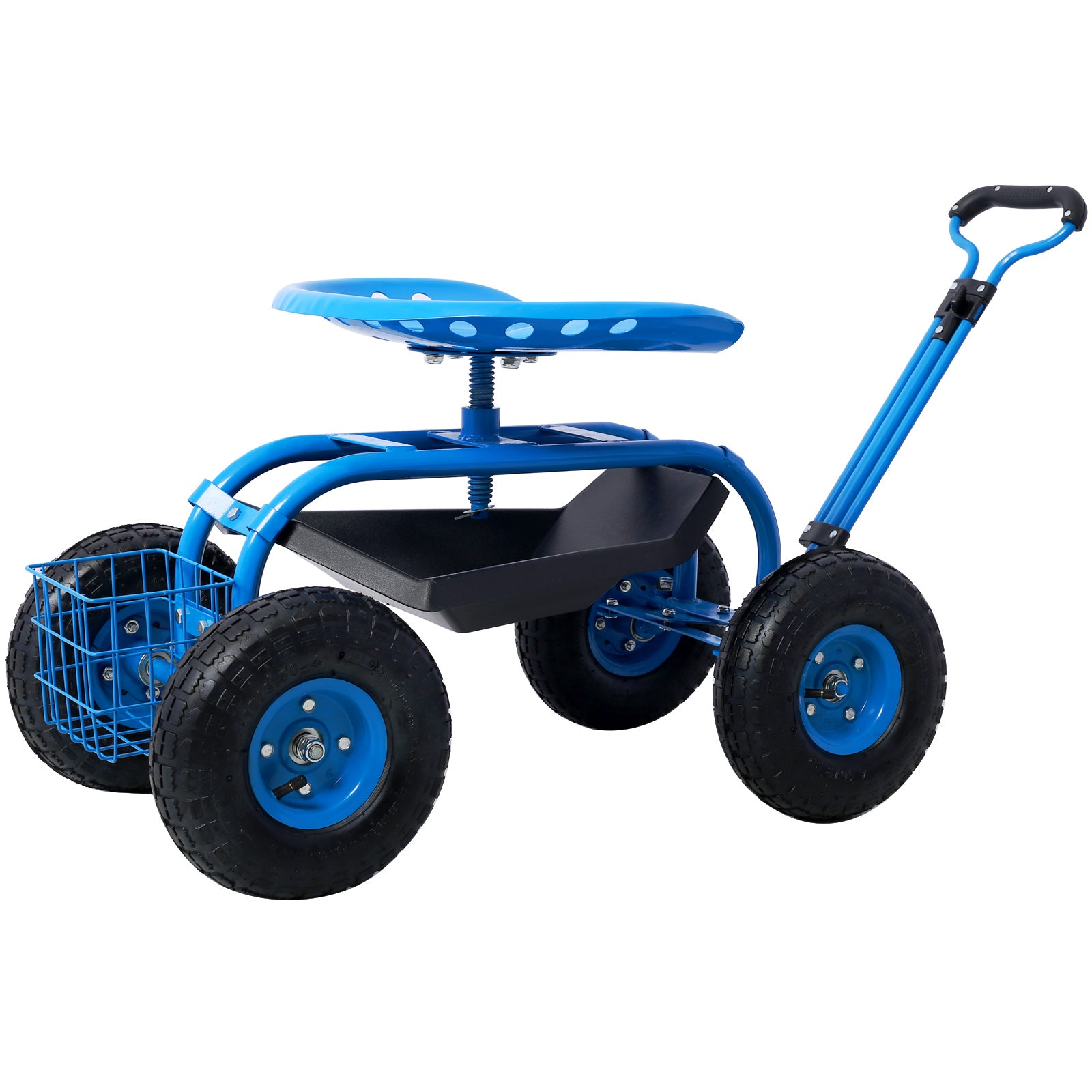 Refurbished Rolling Garden Scooter Cart with 360 Swivel Seat and Tool Tray in Blue Steel