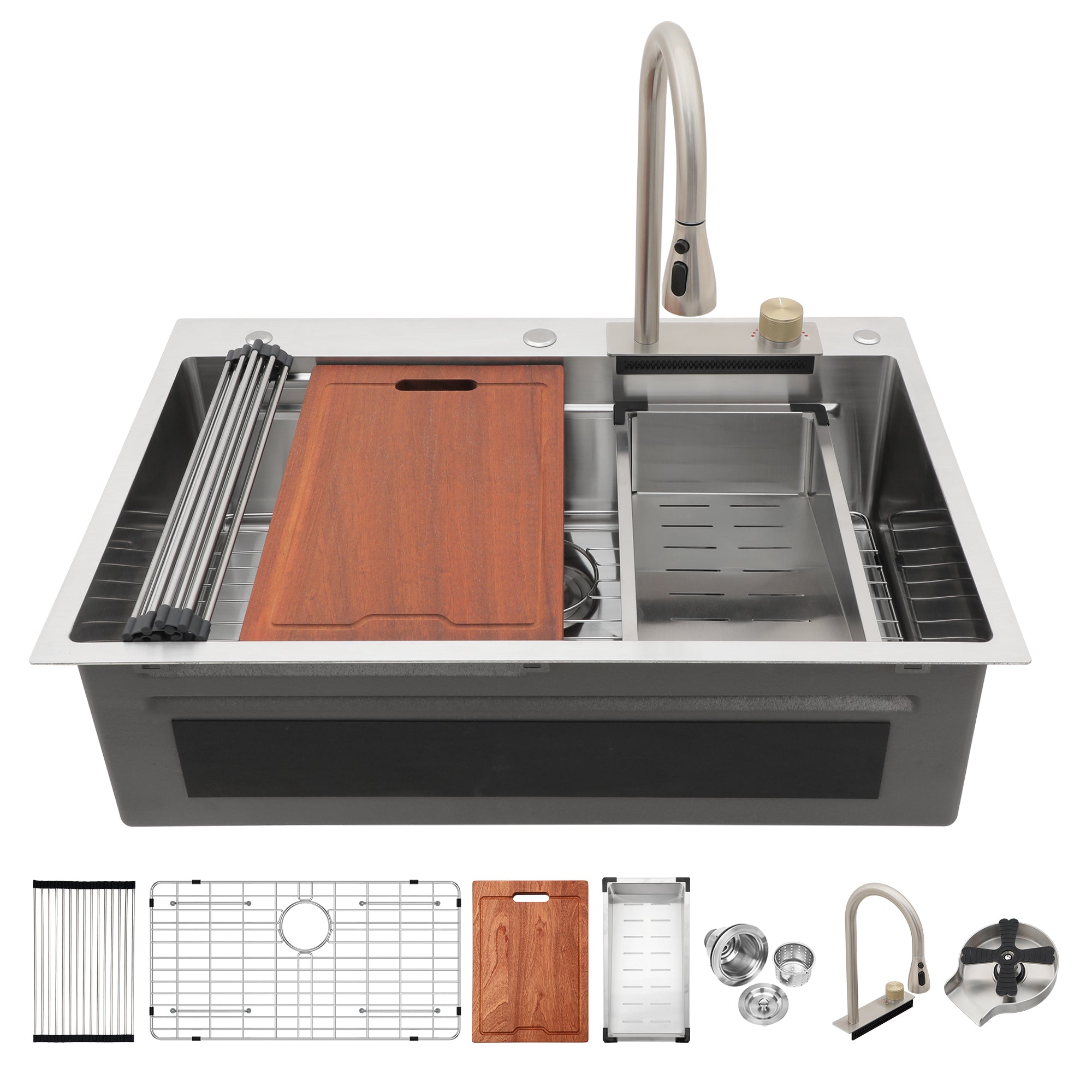 33*22 inch Brushed Nickel 33' Waterfall Kitchen Sink with Pull-Out Faucet & Cup Washer, Stainless Steel Ledge Workstation
