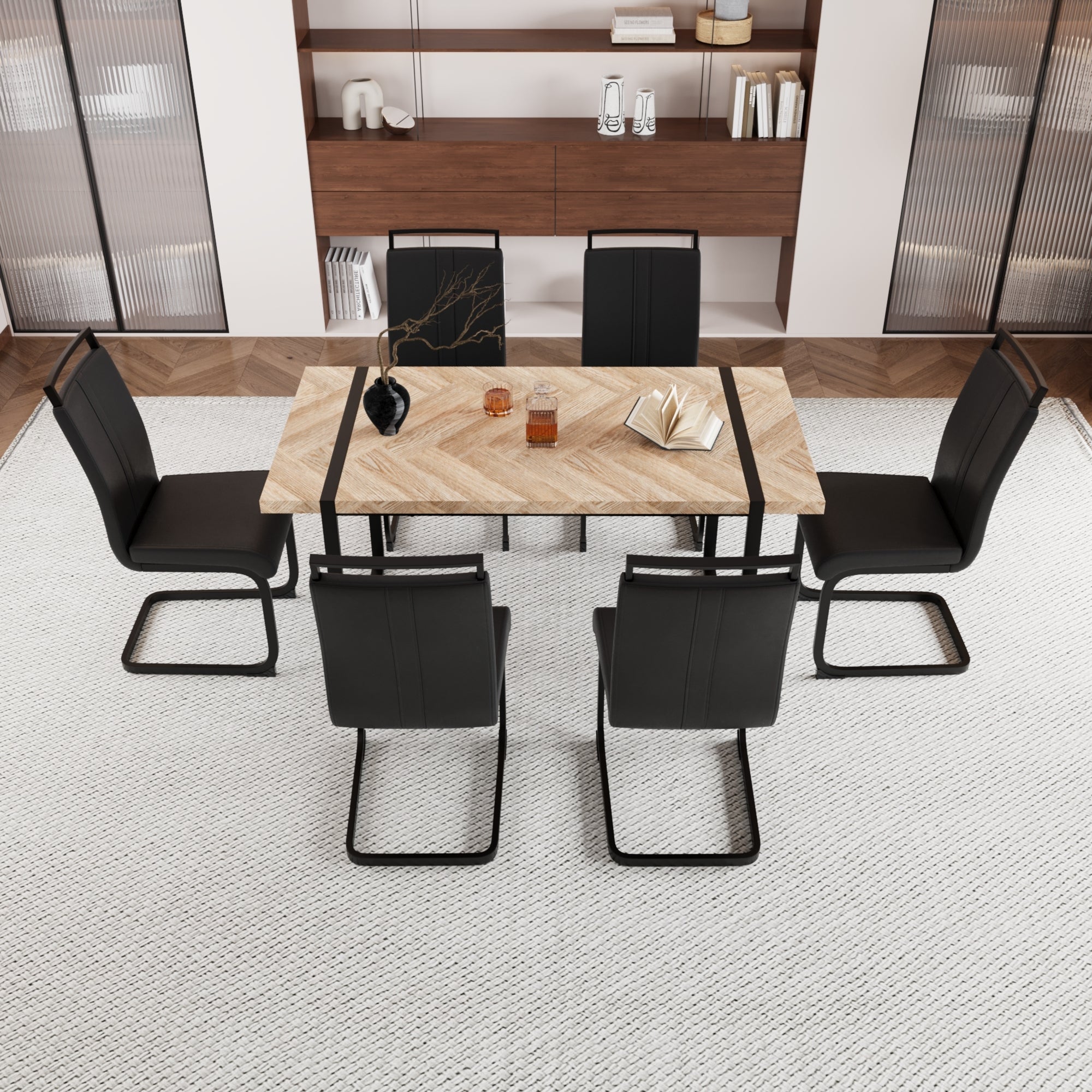 59 ' Dining Table Rural Industrial Rectangular MDF Light Wood Set and PU Armless Dining Chair Set, 6-piece. Kitchen Black Metal Table Leg Dining Chair Set