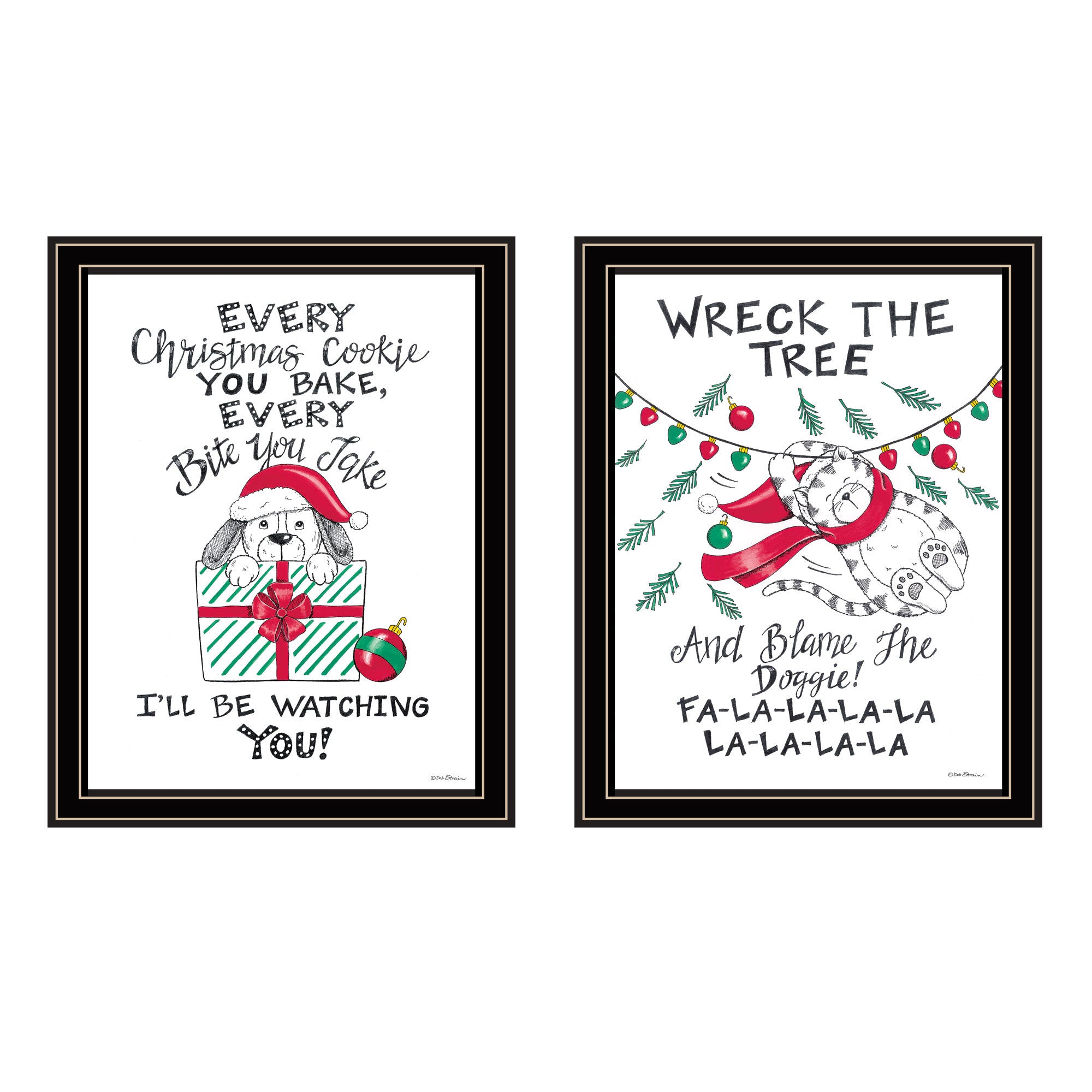 Trendy Decor 4U 2- Piece Vignette Cat & Dog Christmas Enjoyment Black Framed Wall Art for Living Room, Bedroom Wall Art Print for Home Decor by Deb Strain