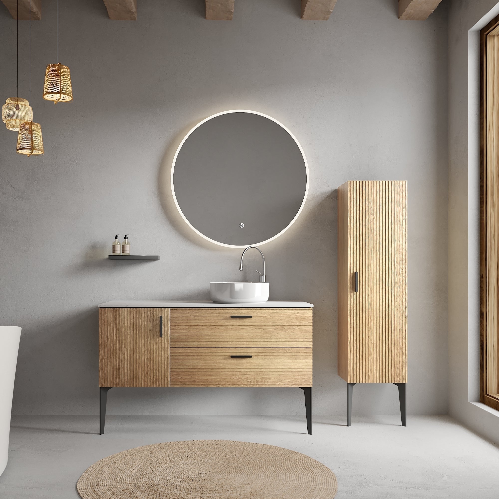 Emilia 48' Striped Natural Oak Bathroom Vanity with Sink, Freestanding Bathroom Cabinet for Modern Bathroom, KD