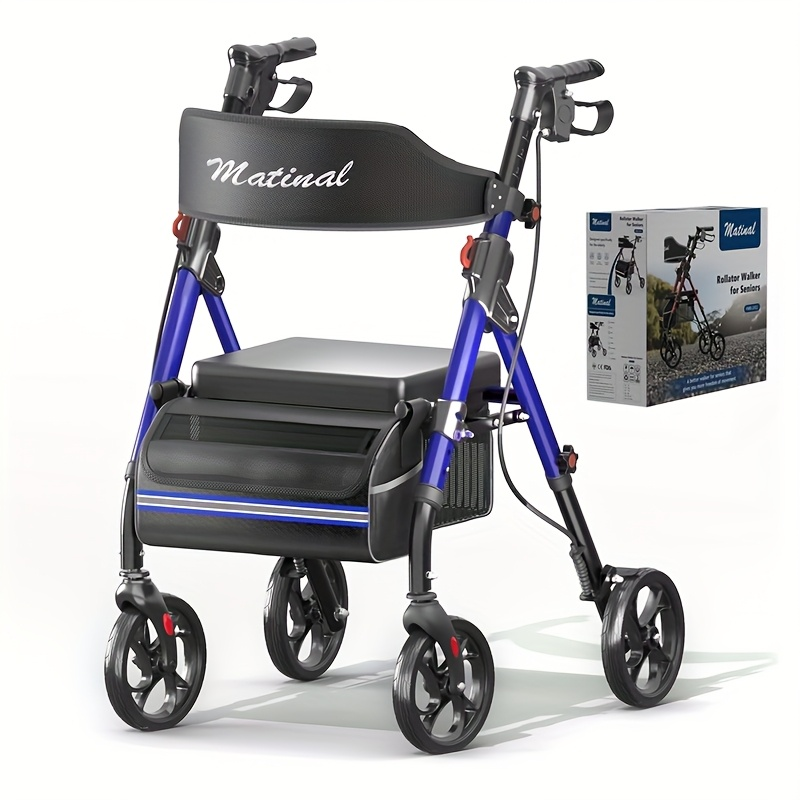 Matinal Foldable Rollator Walkers with Seat for Seniors, 350 lb Capacity, 8'' Big Wheels, 6-Position Height, Premium Hybrid Rolling Walker - Aluminum and Carbon Steel (blue)