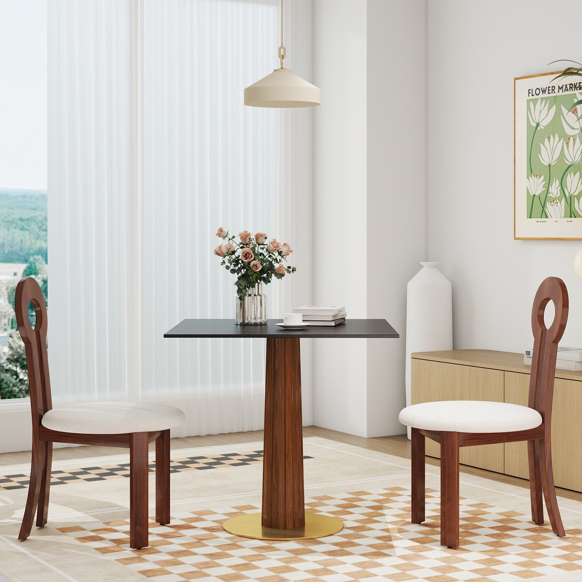 Modern Square Dining Table, 33.5' Sintered Stone Table with Wooden Leg & Gold Base, 2 - Person Kitchen Table for Small Space, 150lbs Weight Capacity(Only the Negotiation Table)