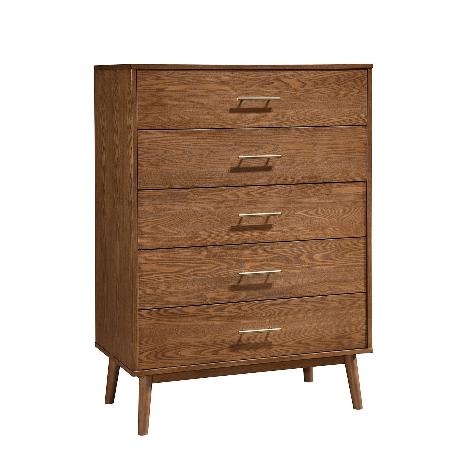 Walnut 1pc Chest of Drawers Solid wood Nickle Bar Pulls 5-Drawers Storage Round Tapered Legs Bedroom Modern Style