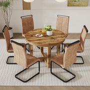 A modern and practical circular dining table. Made of MDF tabletop and wooden MDF table legs. 6-piece technology cloth high backrest cushion side chair, C-shaped tube black metal legs. CT-403   C-1162