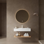 LEDE 36' Bathroom Vanity with Vessel Sink, Wall-Mounted Floating White Rectangular Acrylic Integrated Basin without Faucet, Striped Shelves Layer, Natural Woodgrain Color