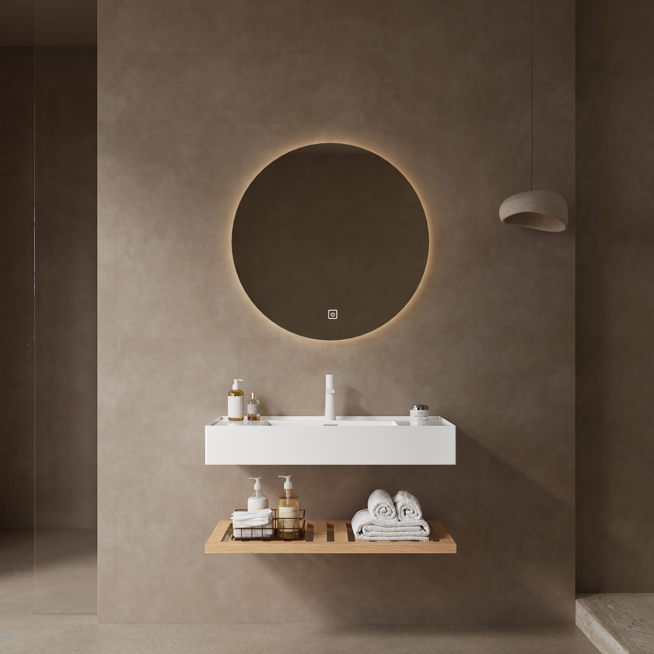 LEDE 36' Bathroom Vanity with Vessel Sink, Wall-Mounted Floating White Rectangular Acrylic Integrated Basin without Faucet, Striped Shelves Layer, Natural Woodgrain Color