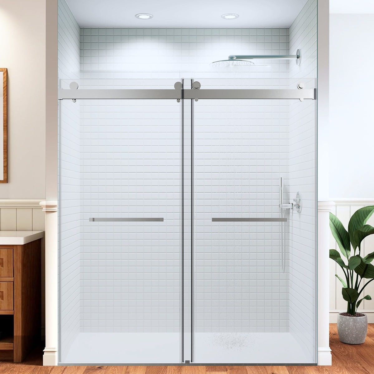 Frameless Double Sliding Shower Door 68'-72' W x 76' H ,  Shower Glass Door with 5/16' (8mm) Clear SGCC Tempered Glass, Explosion-Proof Film, Stainless Steel Hardware--Brushed Nickel