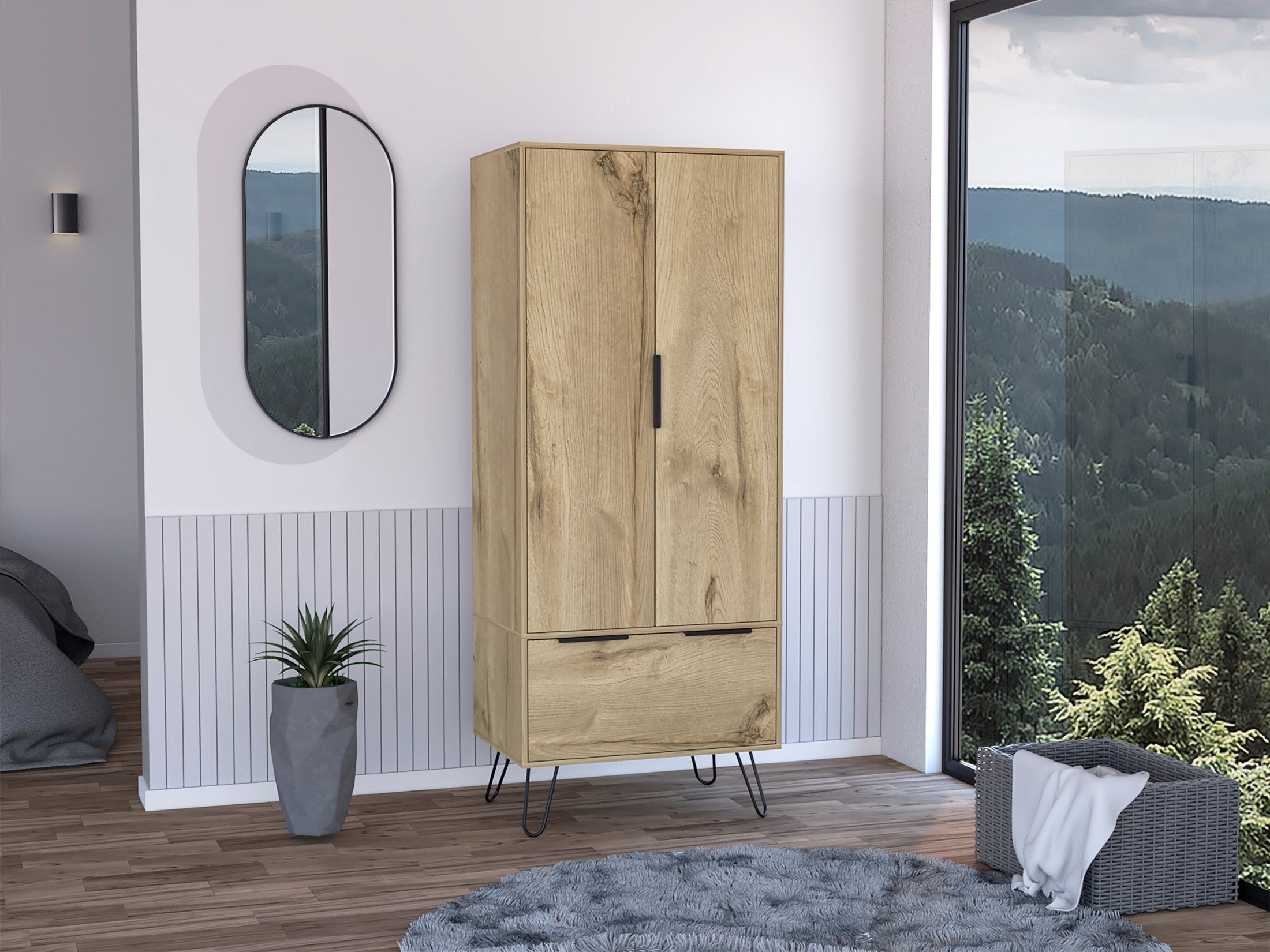 Closet, One Drawer, Double Door Cabinet , Hairpin Legs, Light Oak
