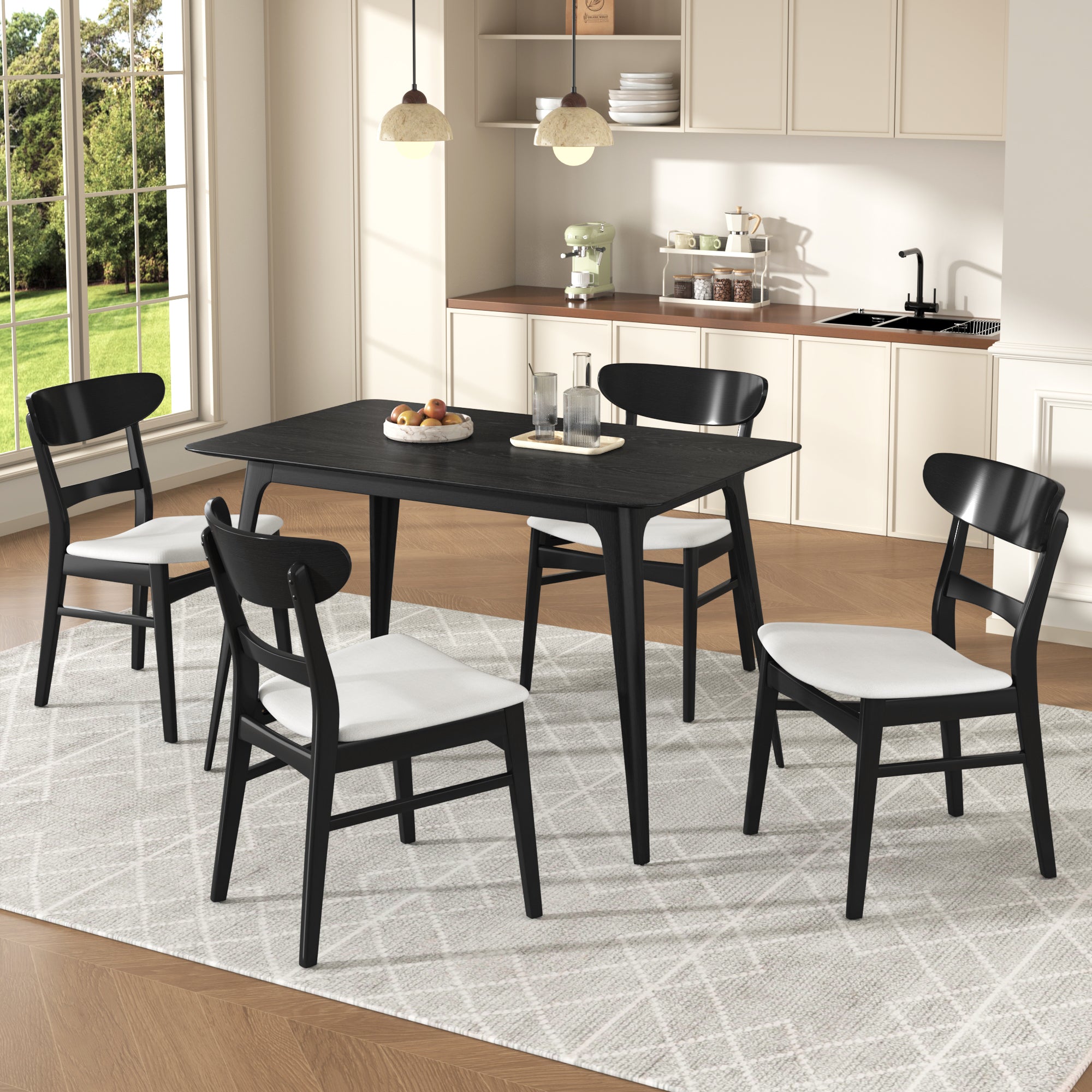 Mid-Century Modern 5-Piece Dining Set, Rubberwood Frame, One Table and 4 Upholstered Chairs, Black +Light Beige