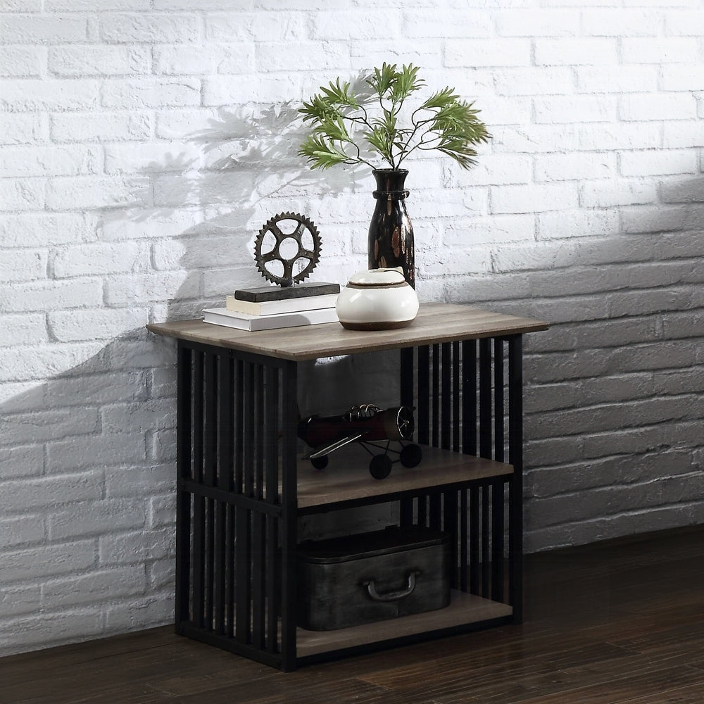 Rustic Industrial Black and Antique Oak Finish Open Shelves Nightstand 1pc Metal Frame Durable Bedroom Furniture