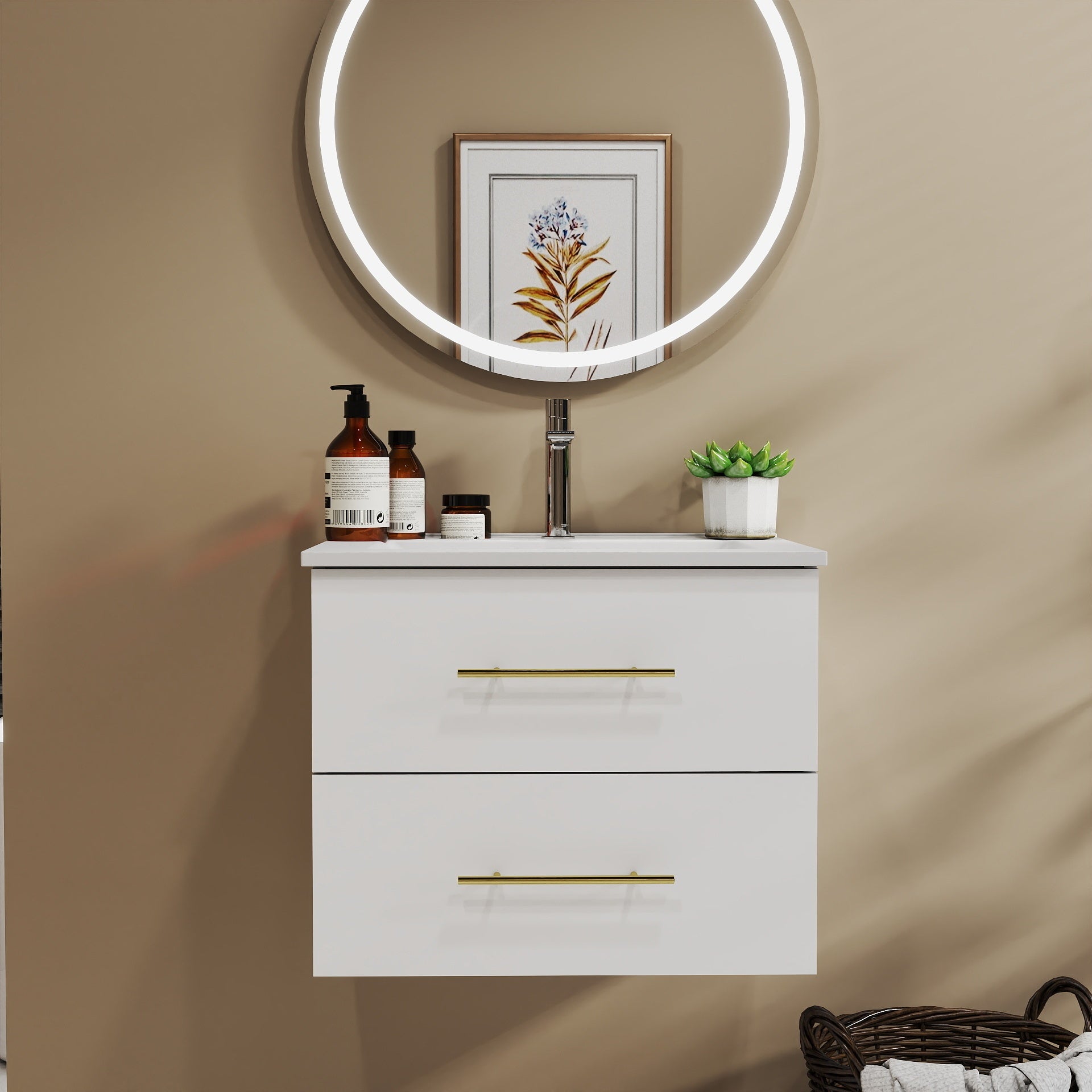 24-Inch Wall-Mounted Bathroom Vanity with Sink Combo,Double Drawers, Ceramic Basin, Easy Assemble,Long Handle In Gold Metal,2 Storage Drawers,Glossy White