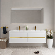 72' Wall-Mounted Bathroom Vanity with Double Sinks, Floating Bathroom Storage Cabinet with Stone Resin Countertop and Soft Close Drawers, Glossy White 24V15-72GW