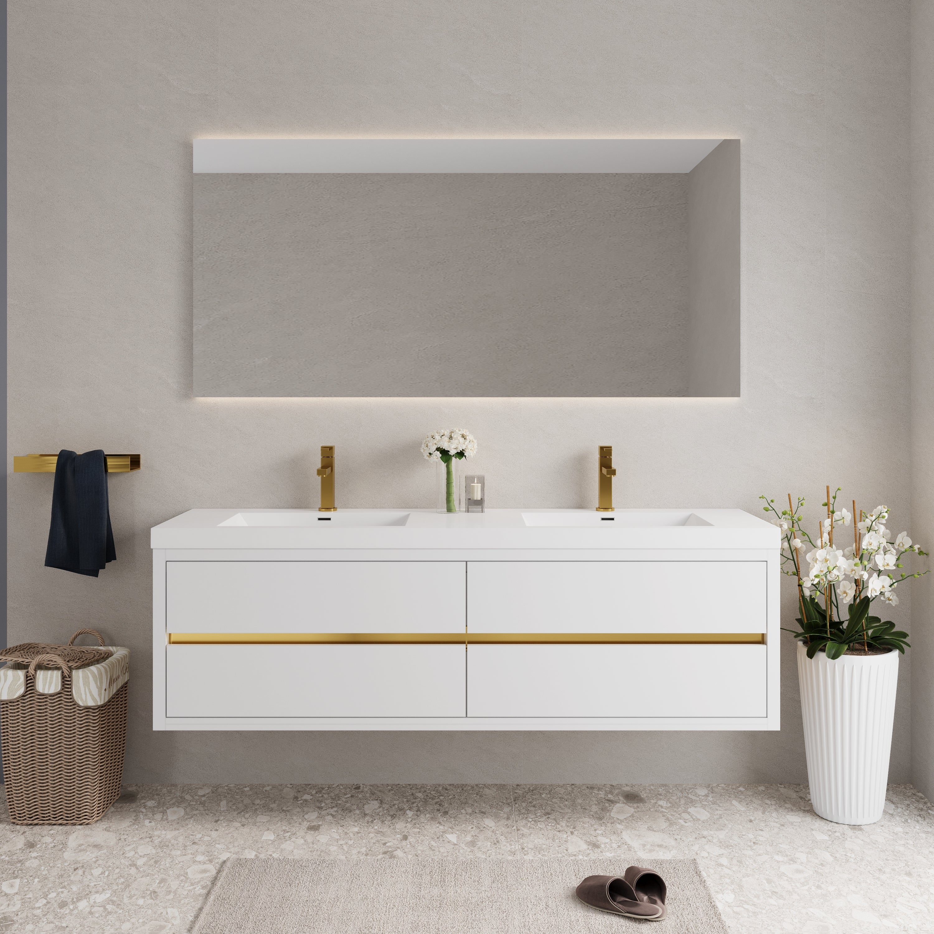 72' Wall-Mounted Bathroom Vanity with Double Sinks, Floating Bathroom Storage Cabinet with Stone Resin Countertop and Soft Close Drawers, Glossy White 24V15-72GW