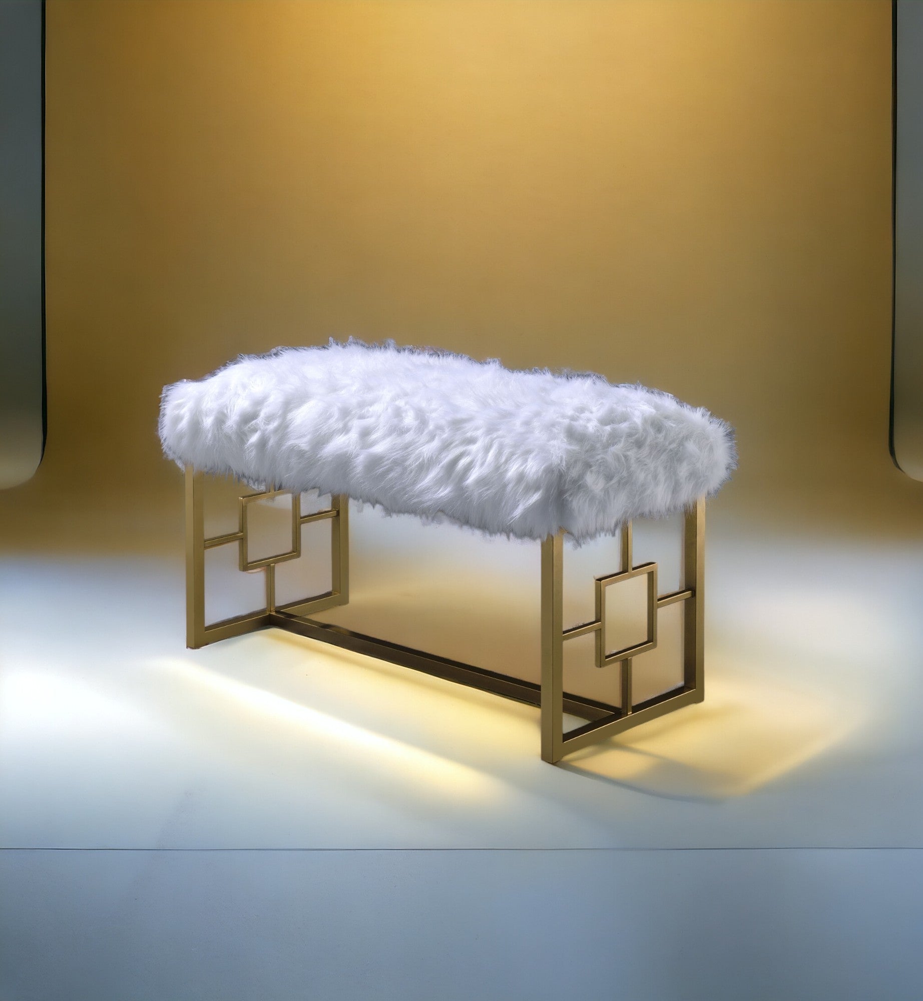 Bagley II White Faux Fur & Gold Finish Bench