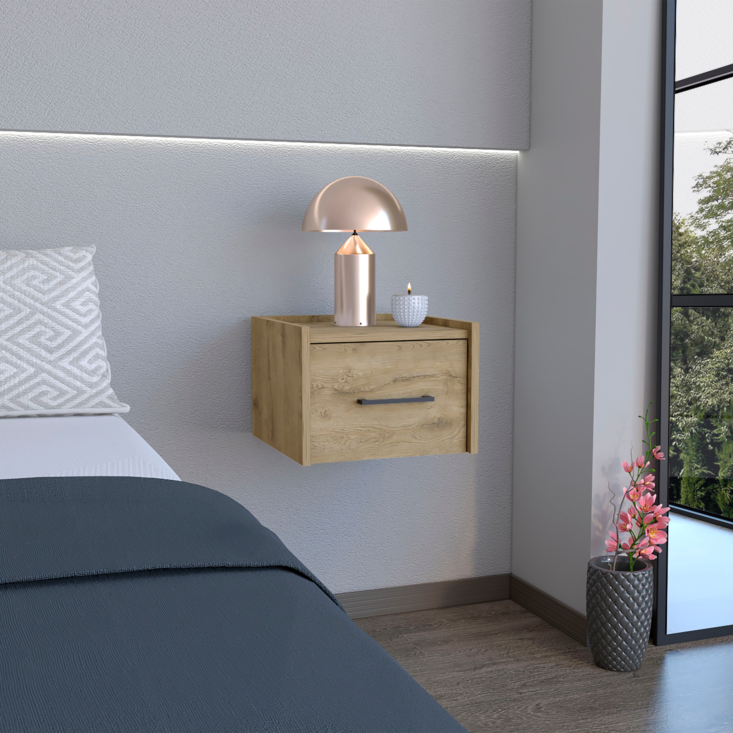 Floating Nightstand, Space-Saving Design with Handy Drawer and Surface, Macadamia