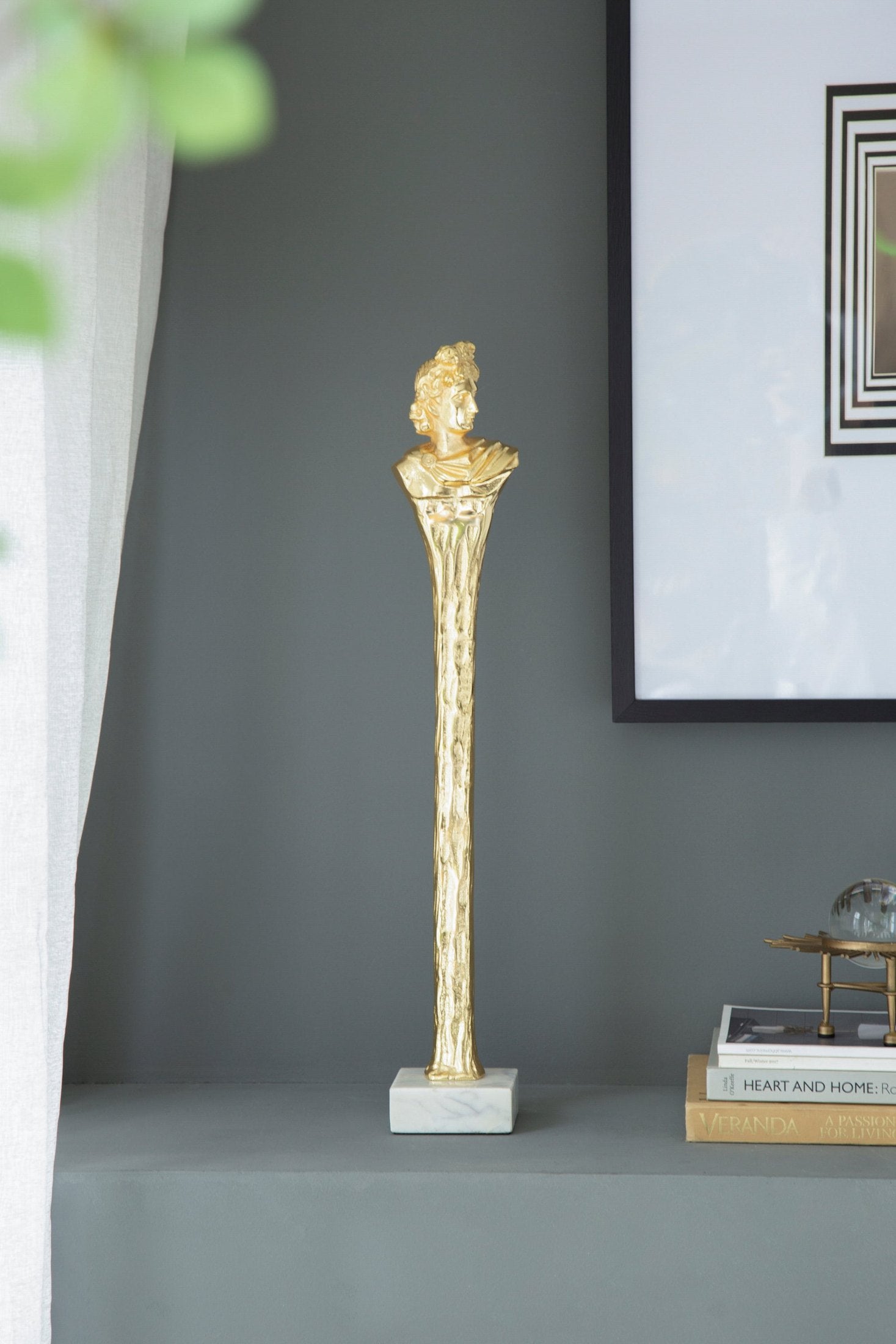 5.5x5.5x28' Elongated Gold Roman Statue on White Marble Base